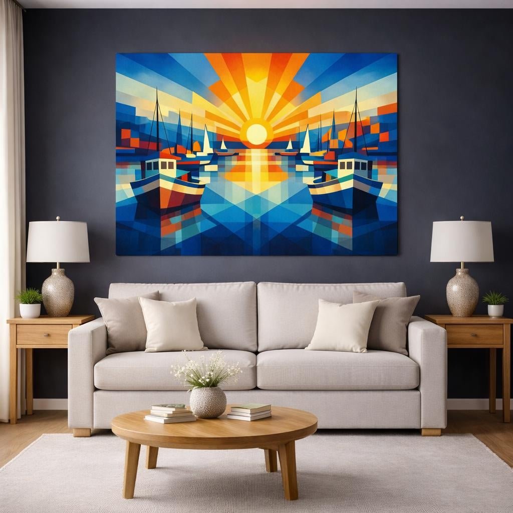 Geometric Harbor Boats Nature - Canvas Wall Art Print - YesArtYes