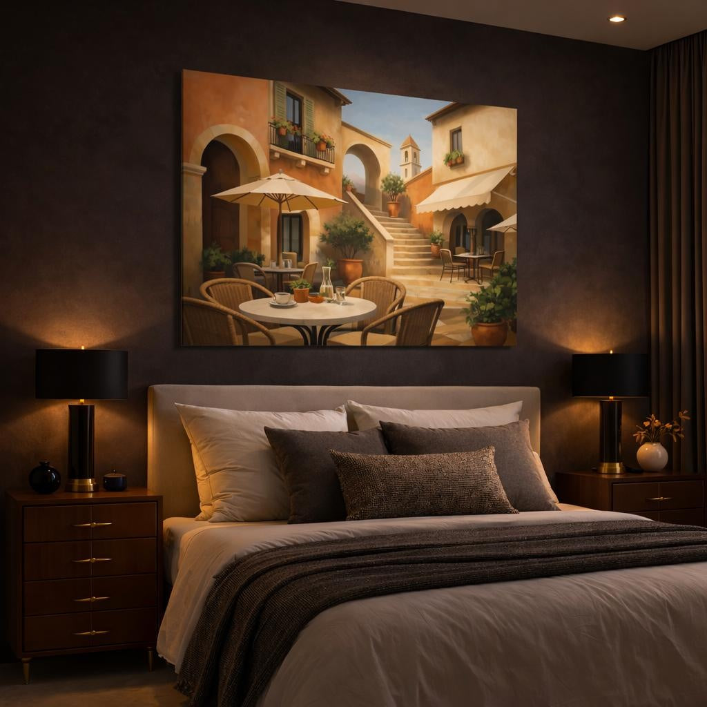 Geometric Italian Courtyard Cafe shown as canvas wall art in a luxury bedroom