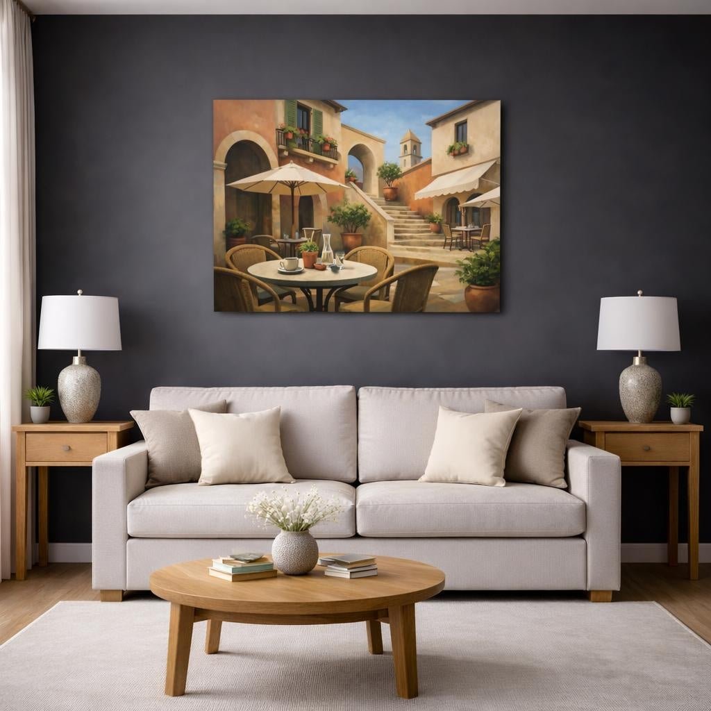 Geometric Italian Courtyard Cafe Tuscan Village Vintage - Canvas Wall Art Print - YesArtYes