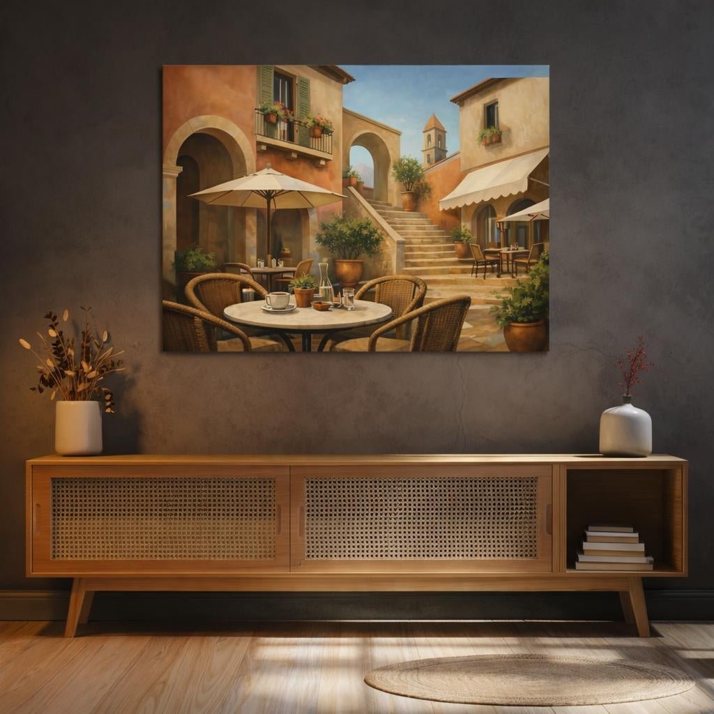 Geometric Italian Courtyard Cafe Tuscan Village Vintage - Canvas Wall Art Print - YesArtYes