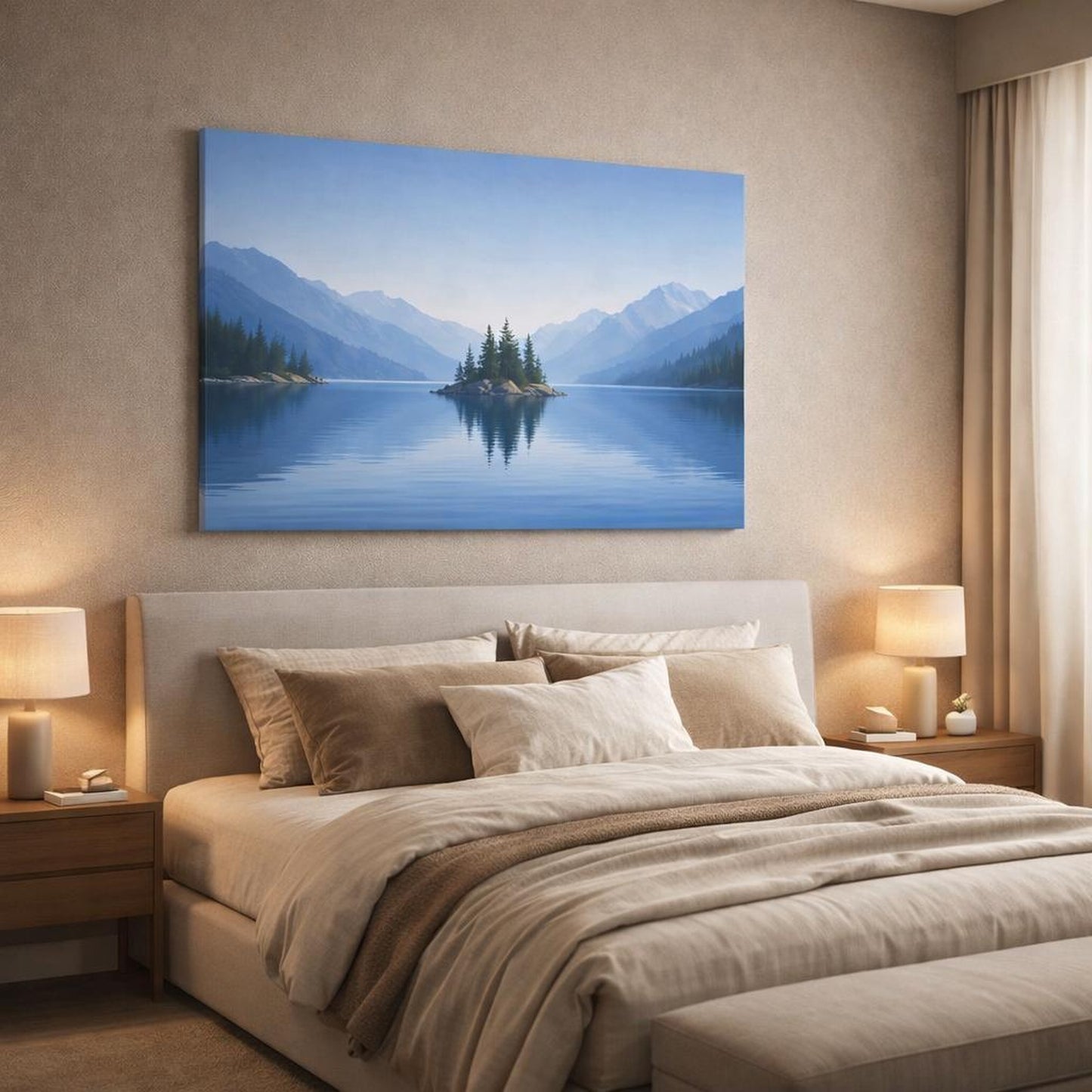 Geometric Lake Blue shown as canvas wall art in a luxury bedroom