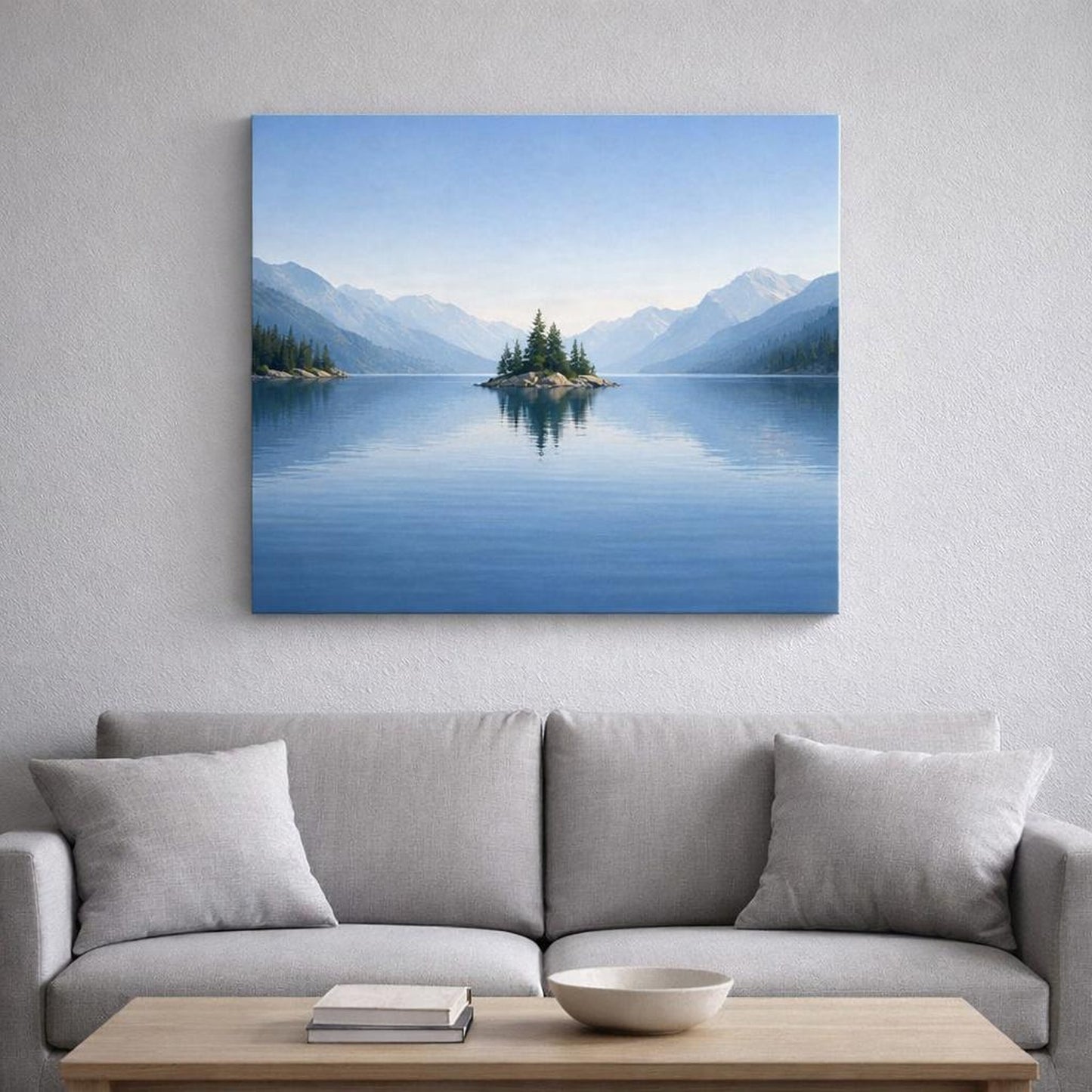 Geometric Lake Blue shown as canvas wall art in a refined dining room