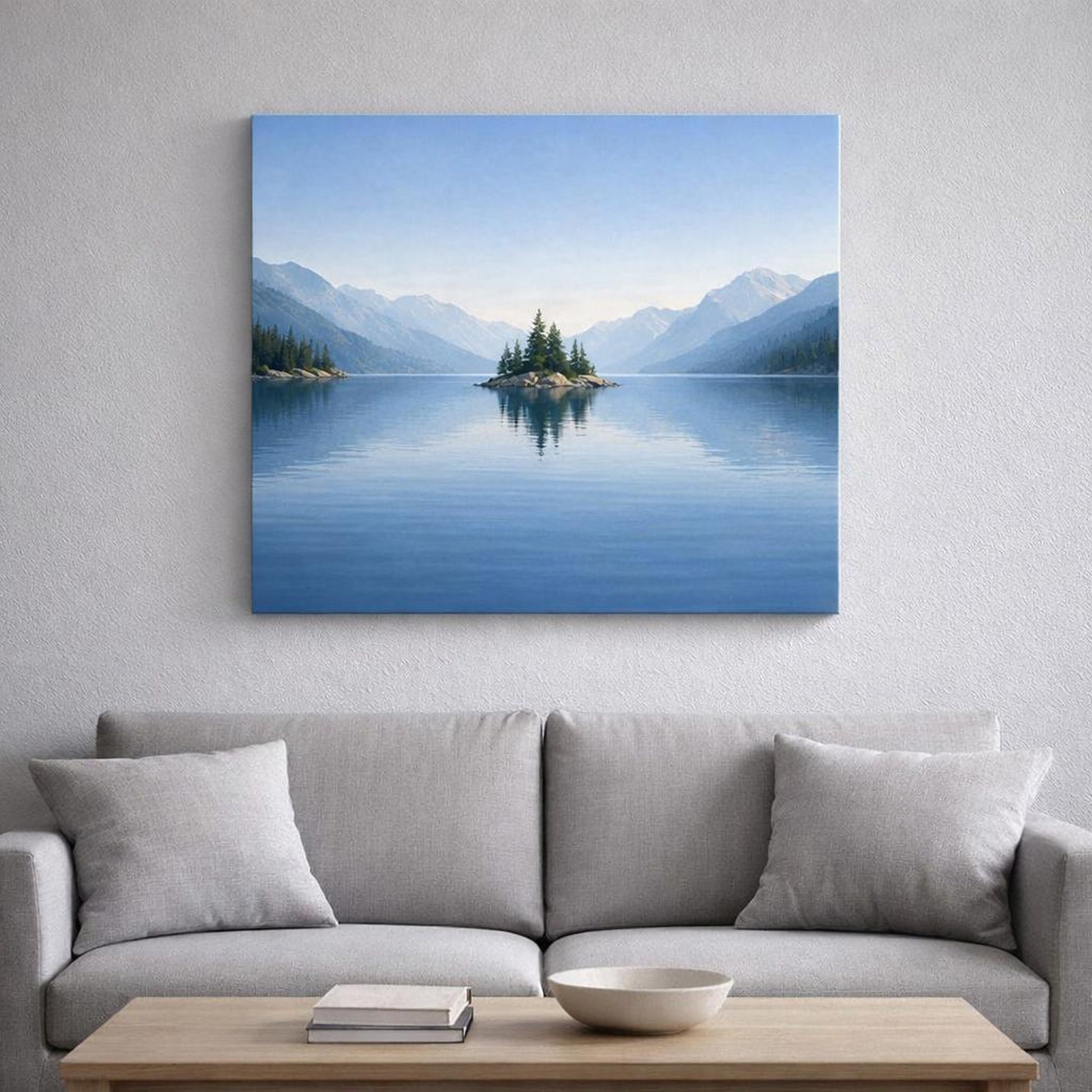 Geometric Lake Blue shown as canvas wall art in a refined dining room