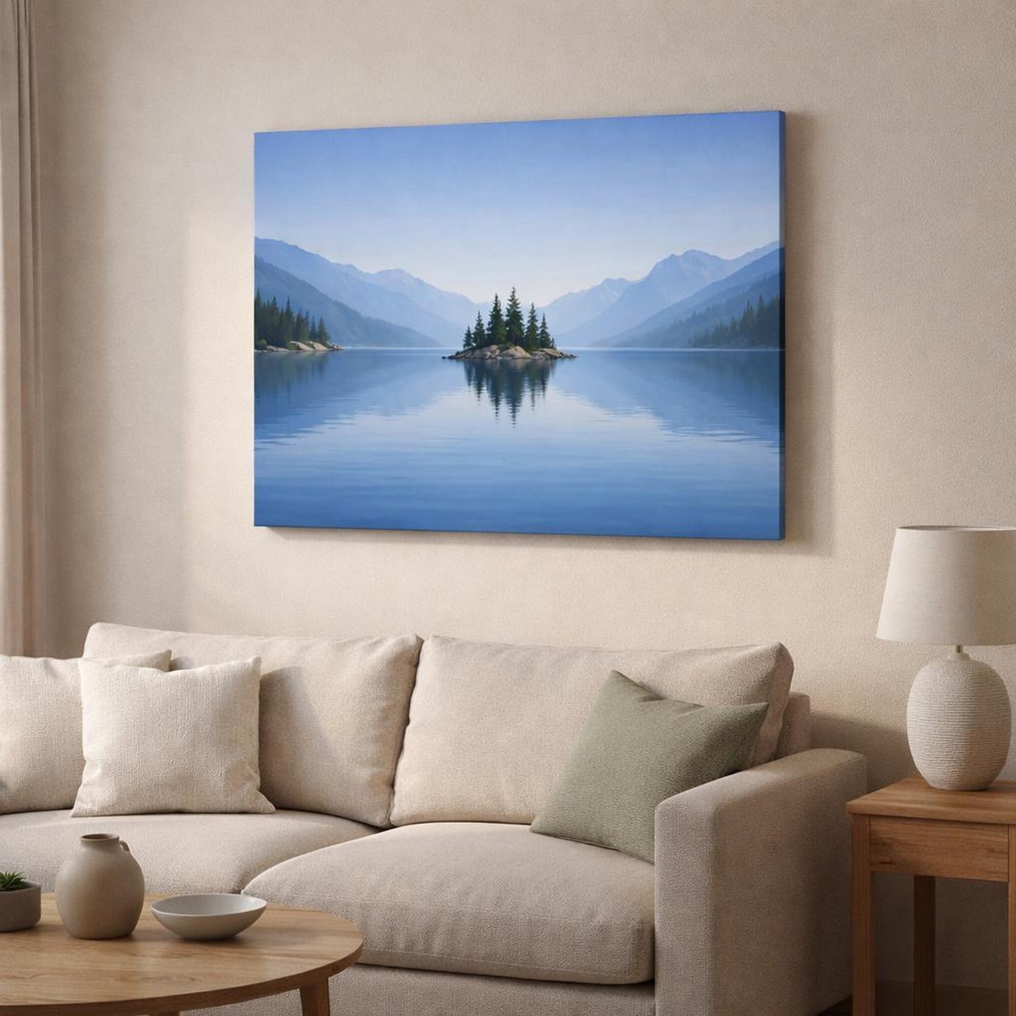 Geometric Lake Blue shown as canvas wall art in a modern living room