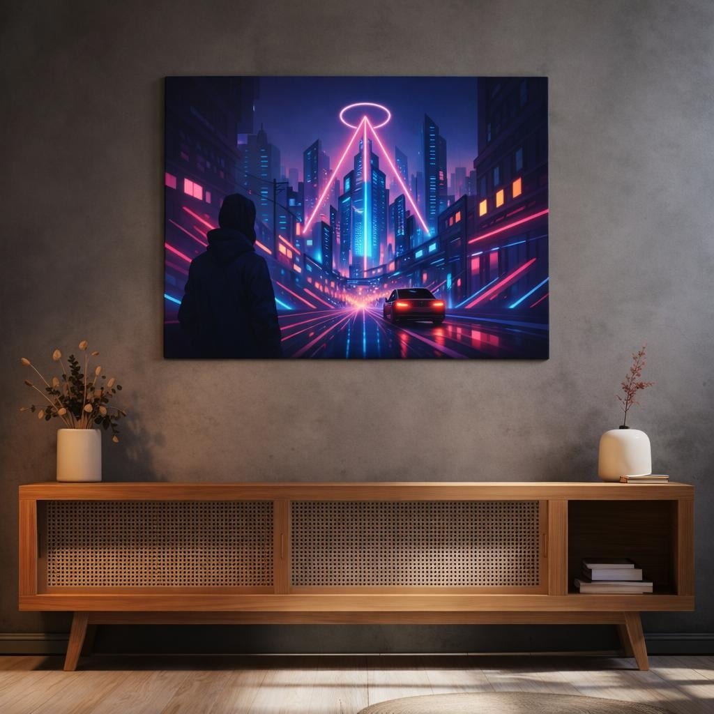Geometric Neon City Street Science Fiction - Canvas Wall Art Print - YesArtYes