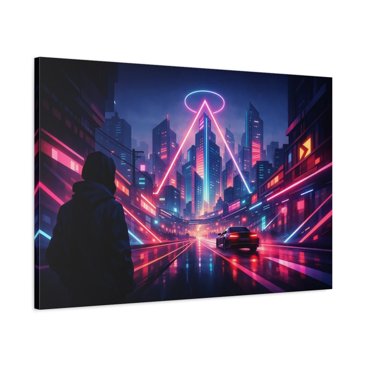 Geometric Neon City Street Science Fiction - Canvas Wall Art Print - YesArtYes