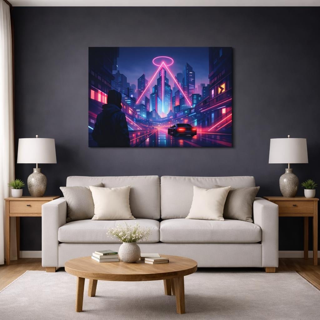 Geometric Neon City Street Science Fiction - Canvas Wall Art Print - YesArtYes