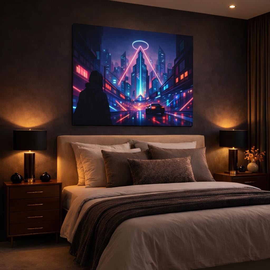 Geometric Neon City Street Science Fiction - Canvas Wall Art Print - YesArtYes