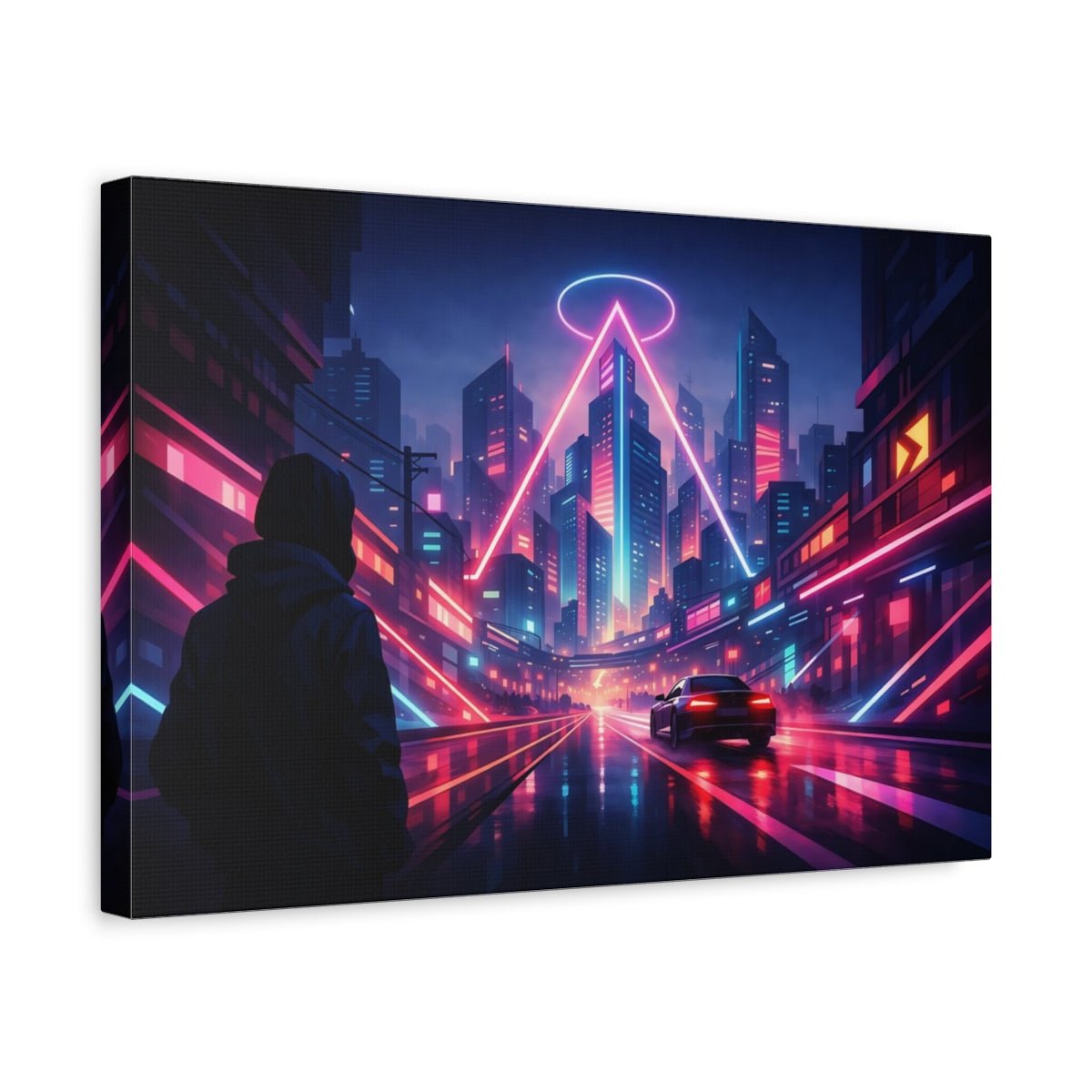 Geometric Neon City Street Science Fiction - Canvas Wall Art Print - YesArtYes