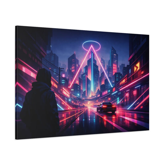 Geometric Neon City Street Science Fiction - Canvas Wall Art Print - YesArtYes