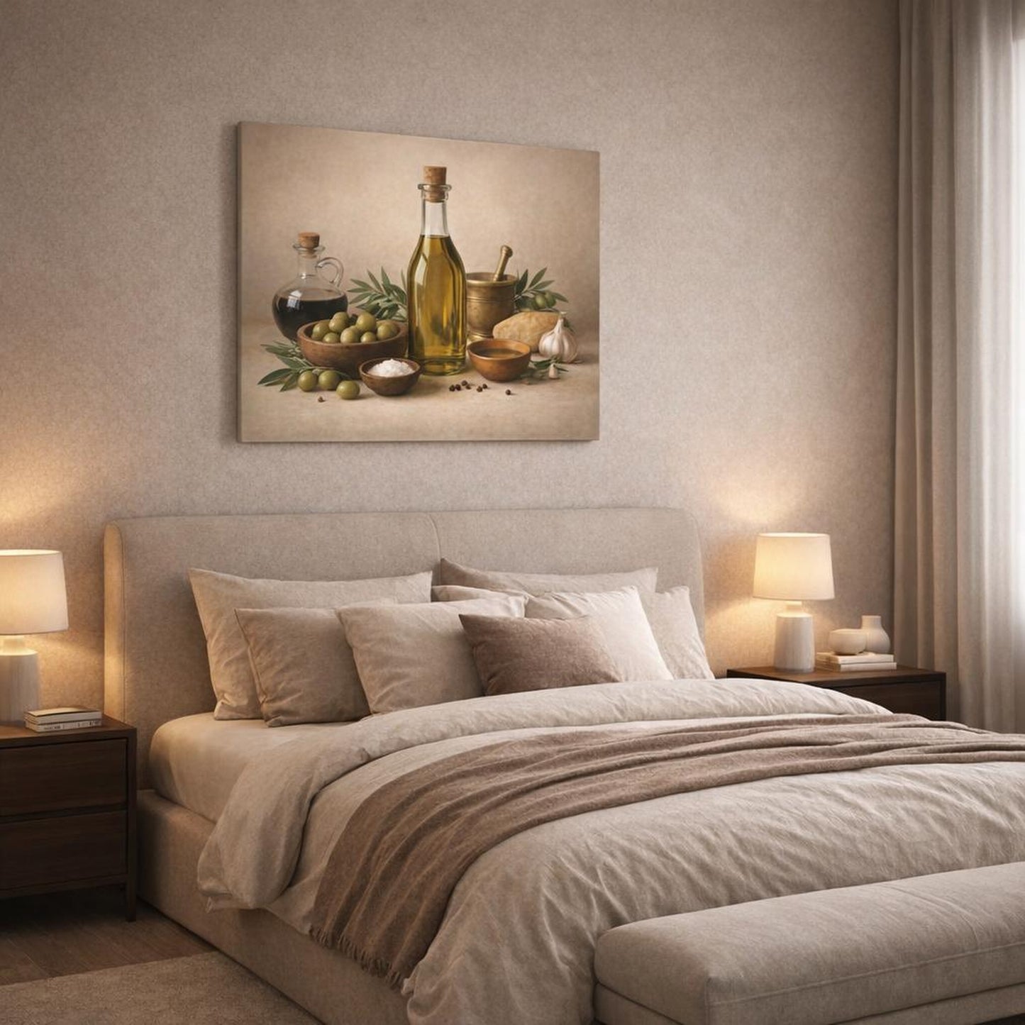 Geometric Olive Oil shown as canvas wall art in a luxury bedroom