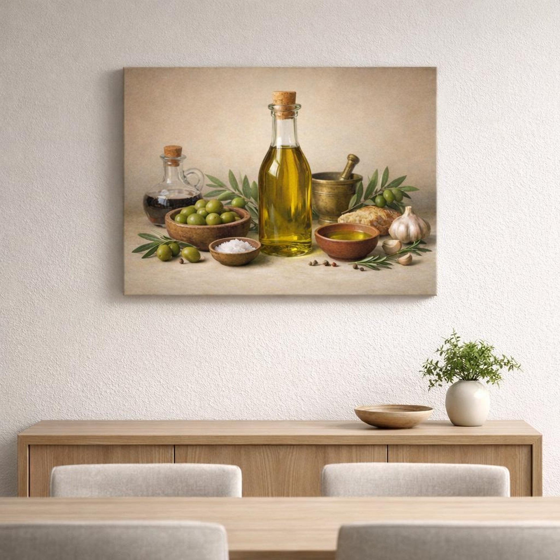 Geometric Olive Oil shown as canvas wall art in a refined dining room
