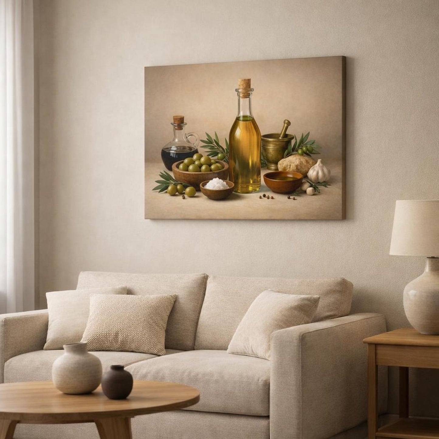Geometric Olive Oil shown as canvas wall art in a modern living room