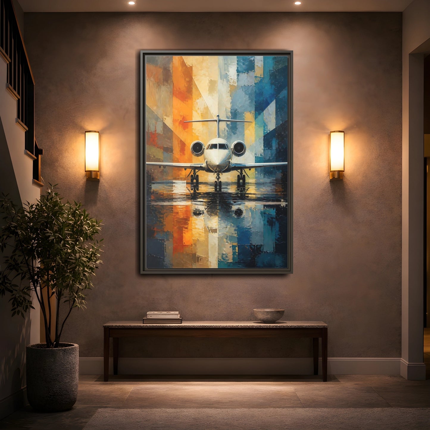 Mockup 2. Geometric Private Jet shown as framed canvas print