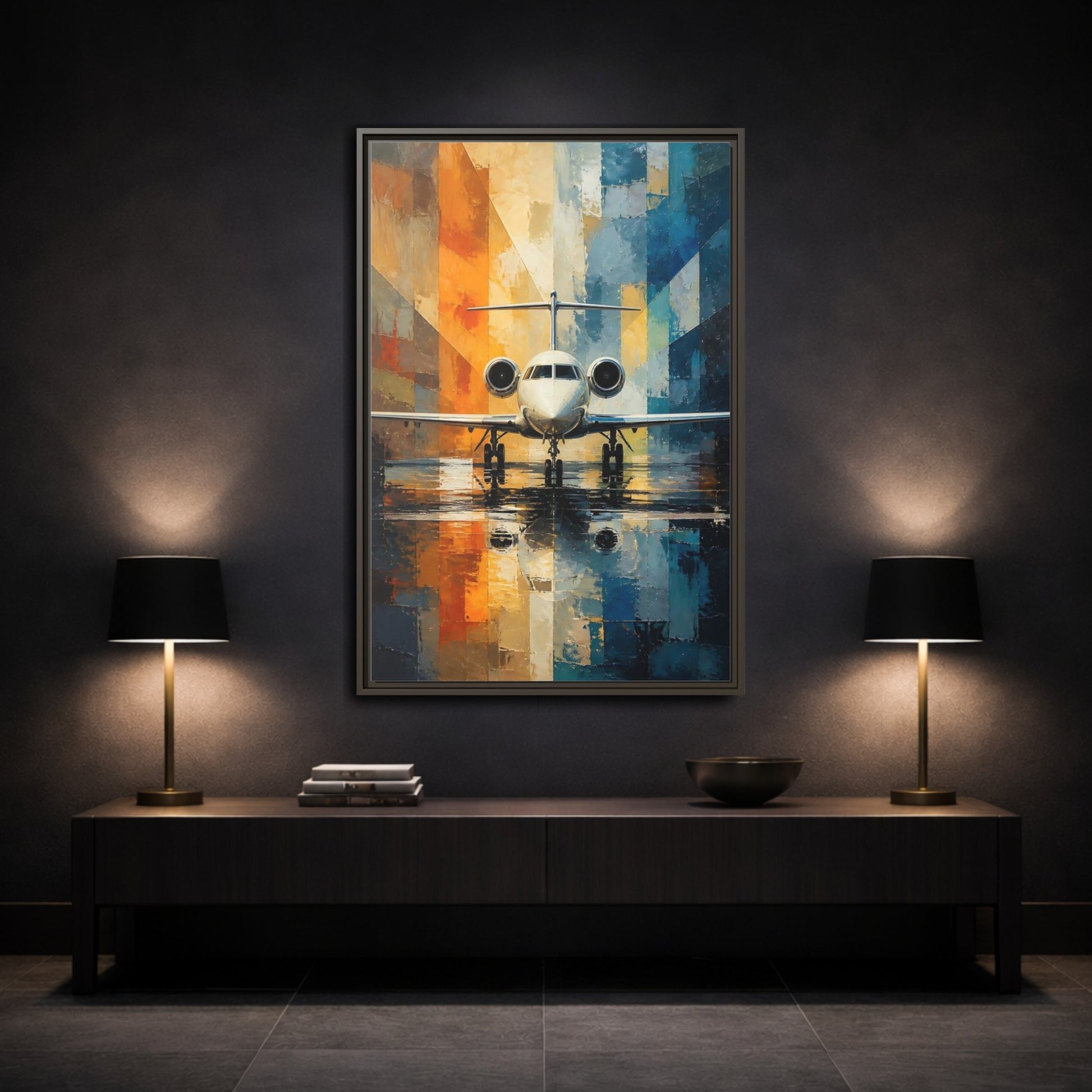 Mockup 3. Geometric Private Jet shown as framed canvas print