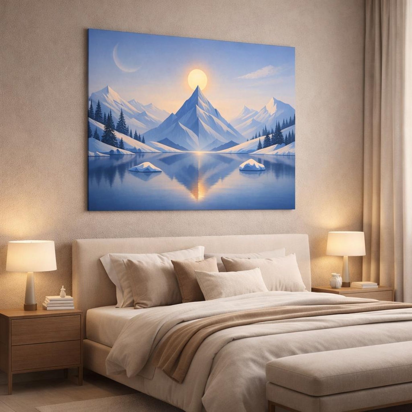 Geometric Winter Mountains shown as canvas wall art in a luxury bedroom
