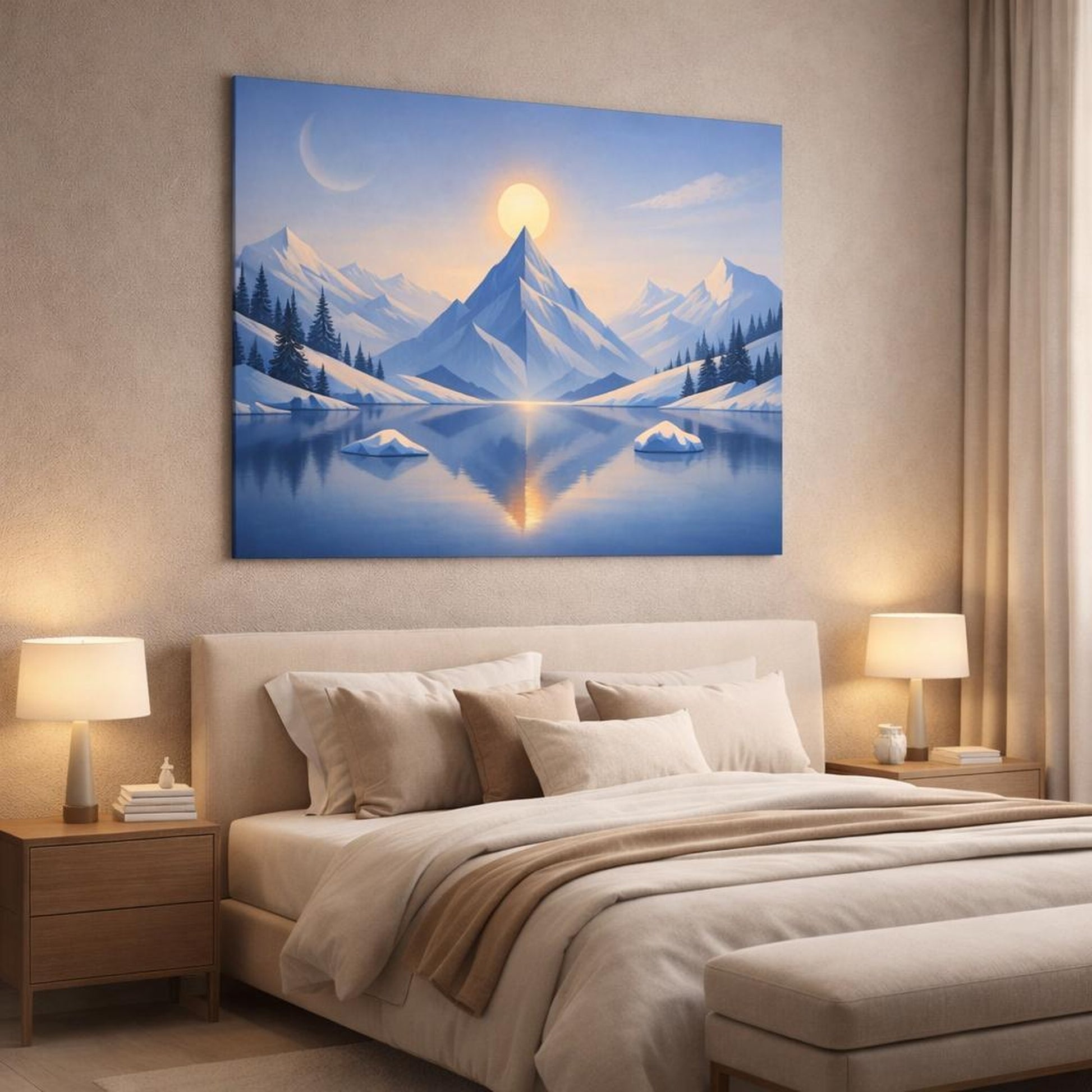 Geometric Winter Mountains shown as canvas wall art in a luxury bedroom