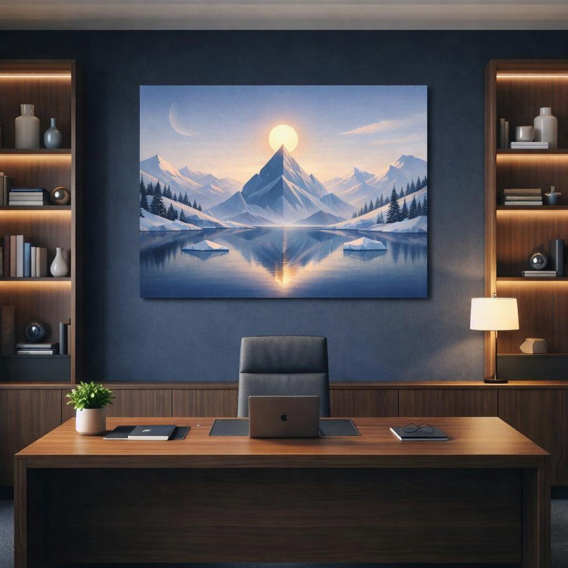 Geometric Winter Mountains shown as canvas wall art in a refined dining room