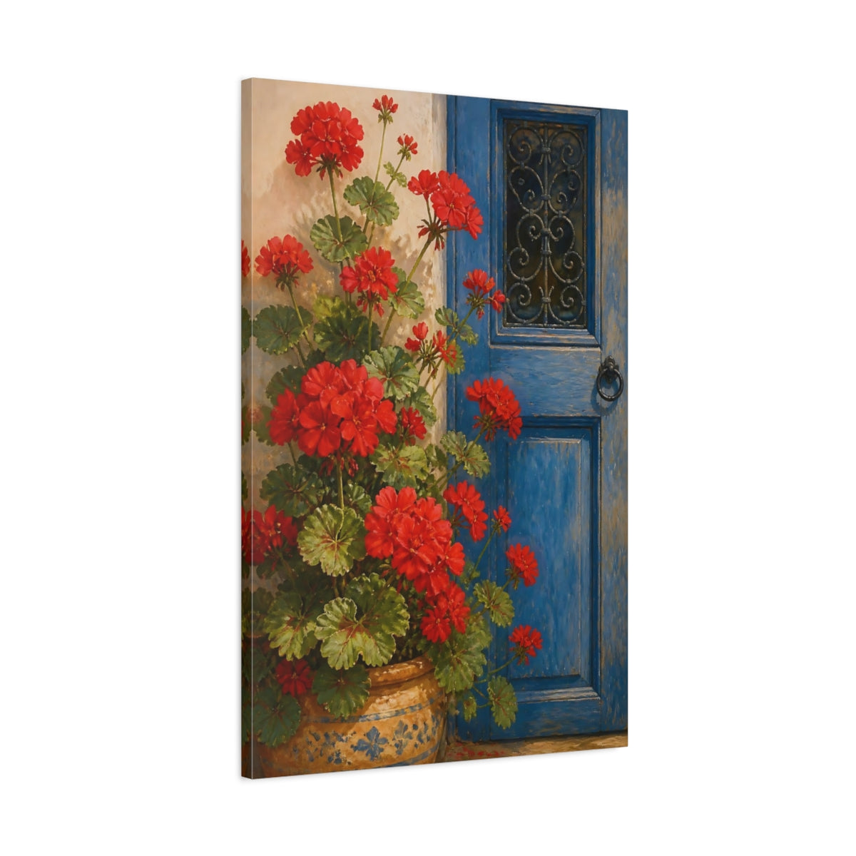 Main Mockup. Geranium Flowers At Blue Door shown as canvas print