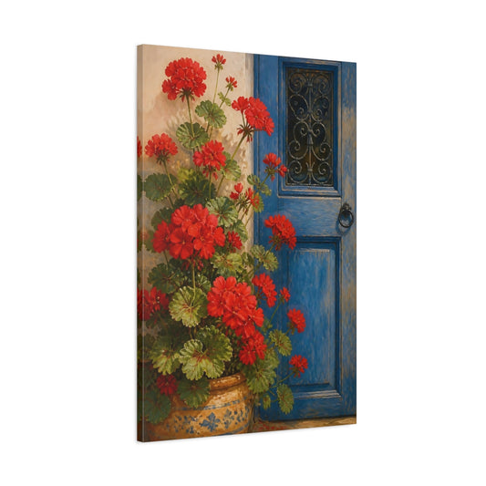 Main Mockup. Geranium Flowers At Blue Door shown as canvas print