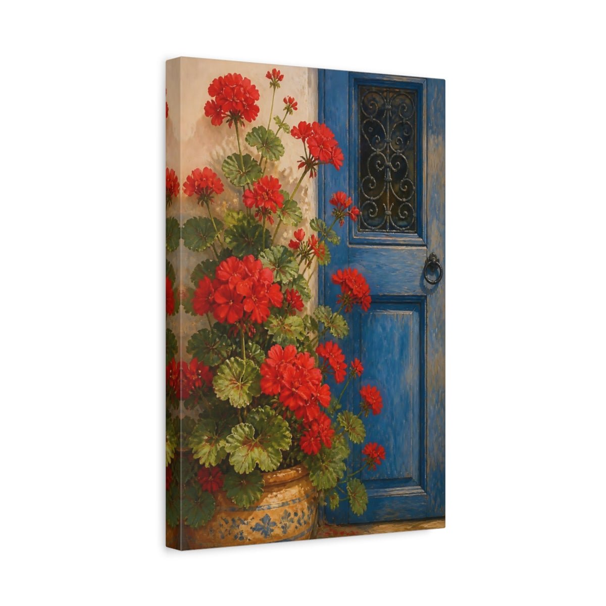 Side Mockup 4. Geranium Flowers At Blue Door shown as canvas print
