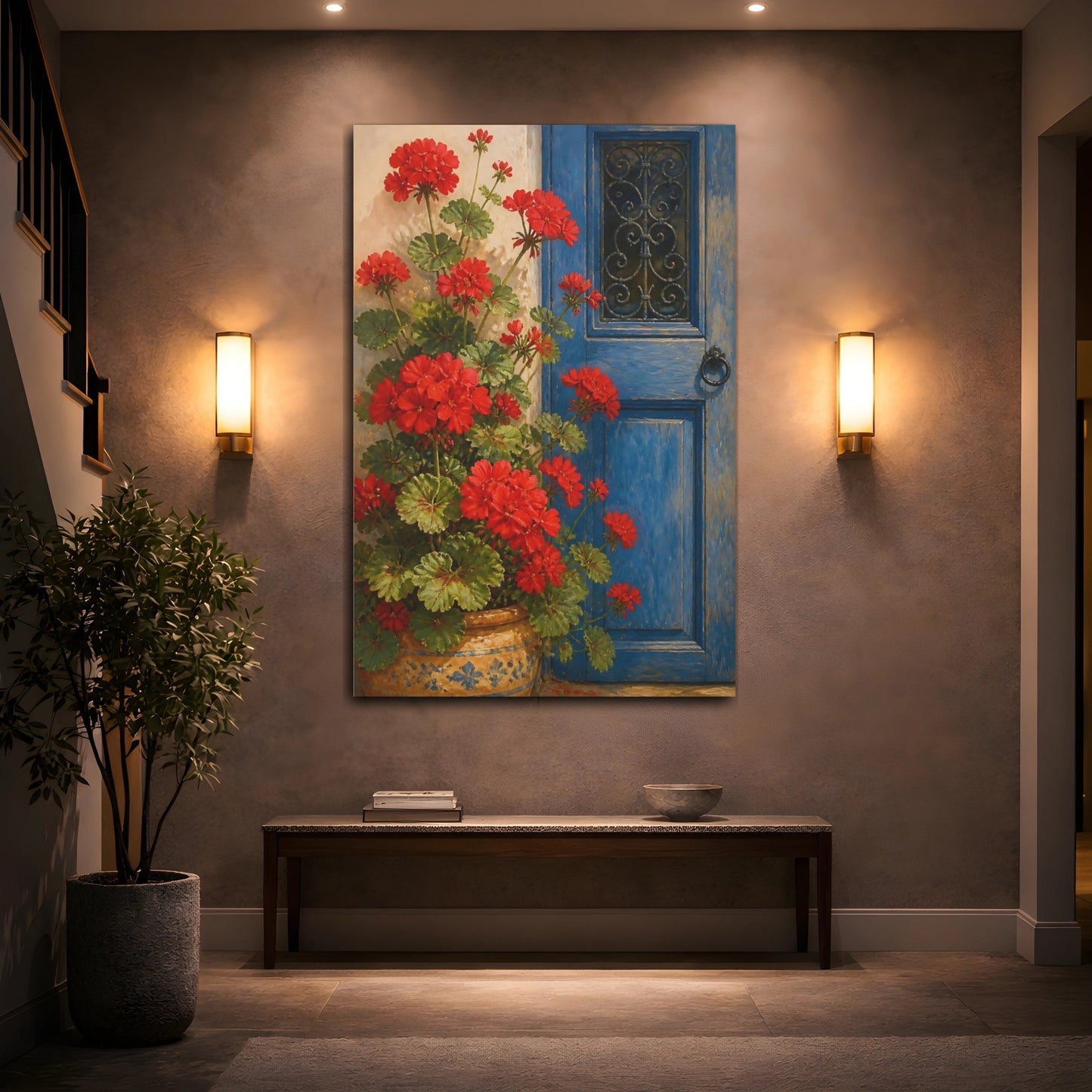 Mockup 2. Geranium Flowers At Blue Door shown as canvas print