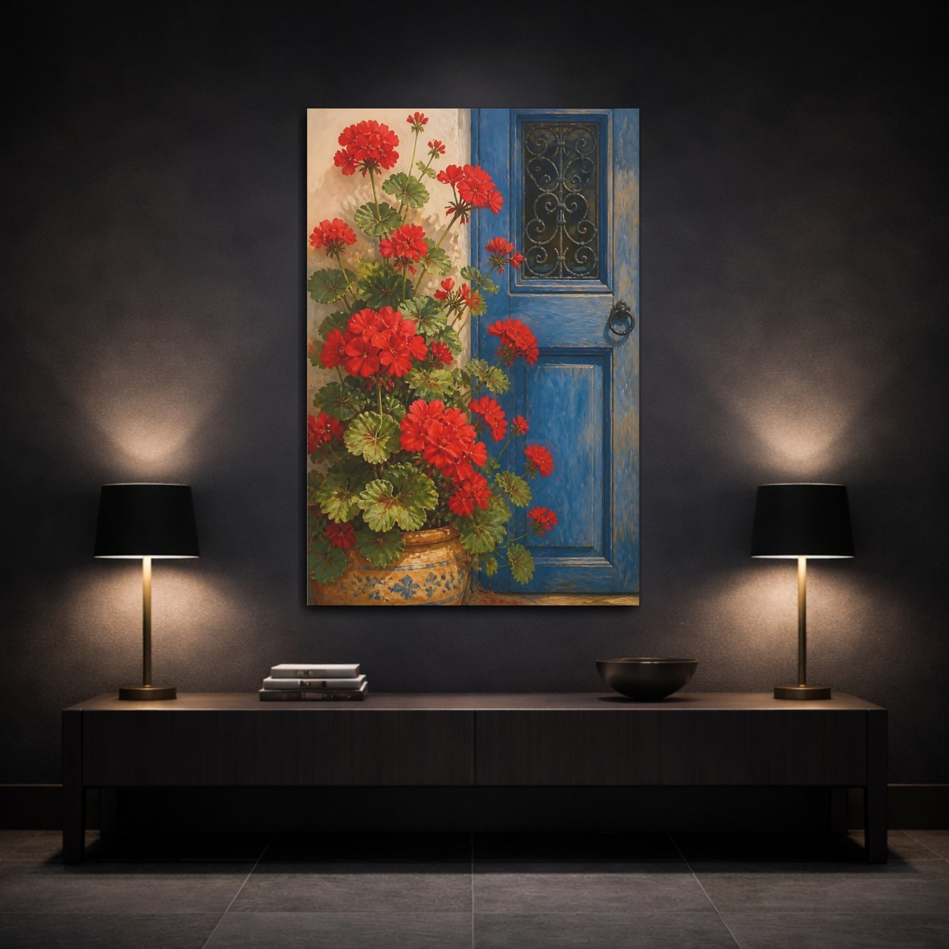 Mockup 3. Geranium Flowers At Blue Door shown as canvas print