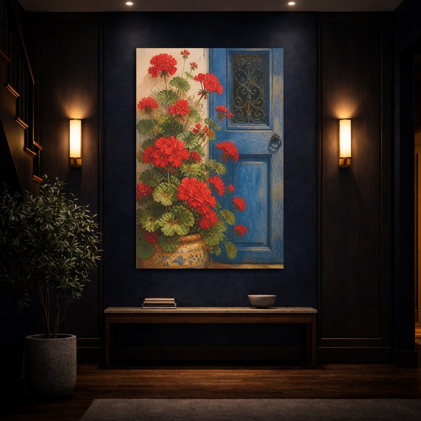 Mockup 4. Geranium Flowers At Blue Door shown as canvas print