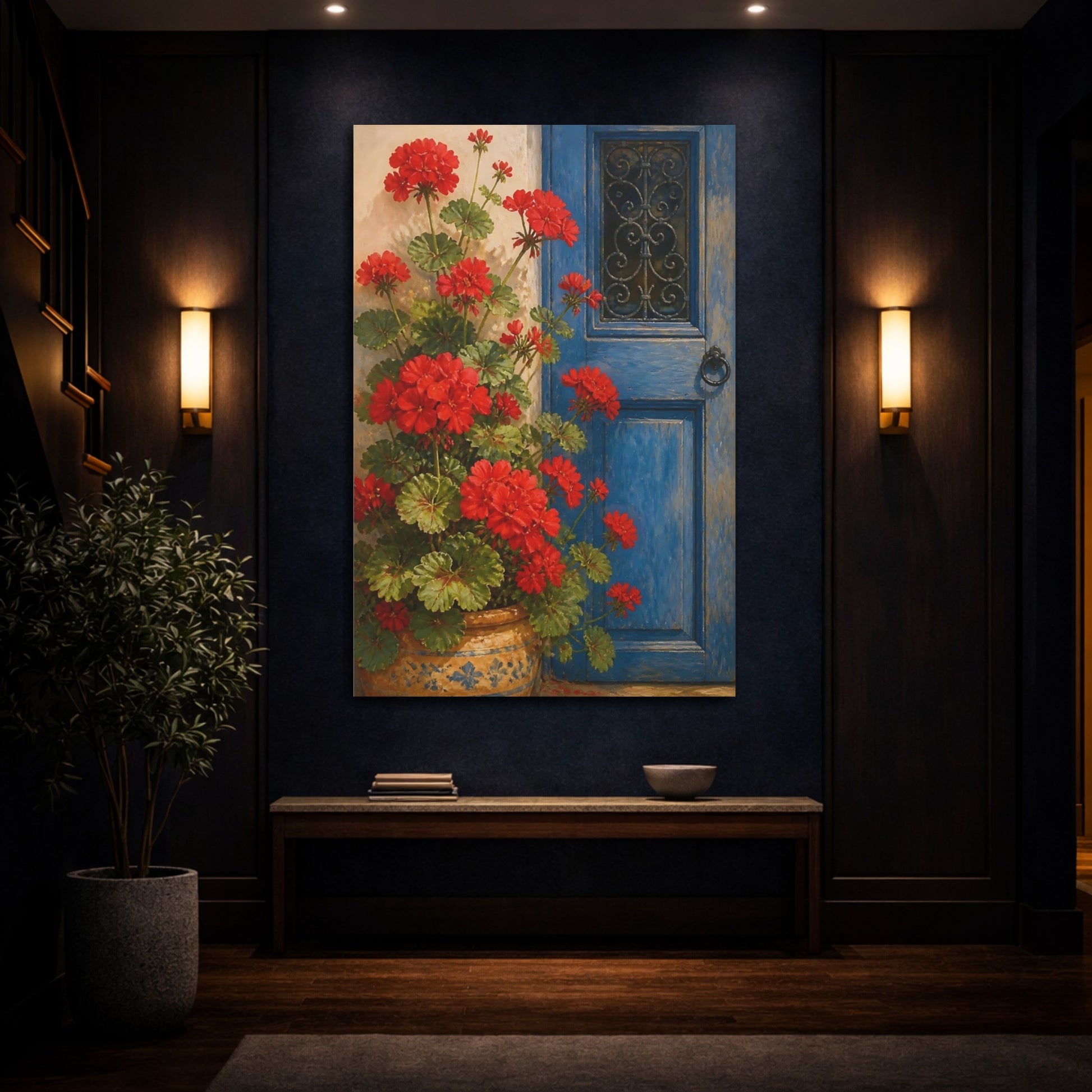 Mockup 4. Geranium Flowers At Blue Door shown as canvas print