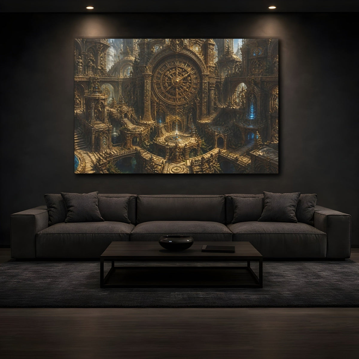 Giant Clock Citadel Canvas Print – Living Room, Above Console Table, Golden Bronze - YesArtYes