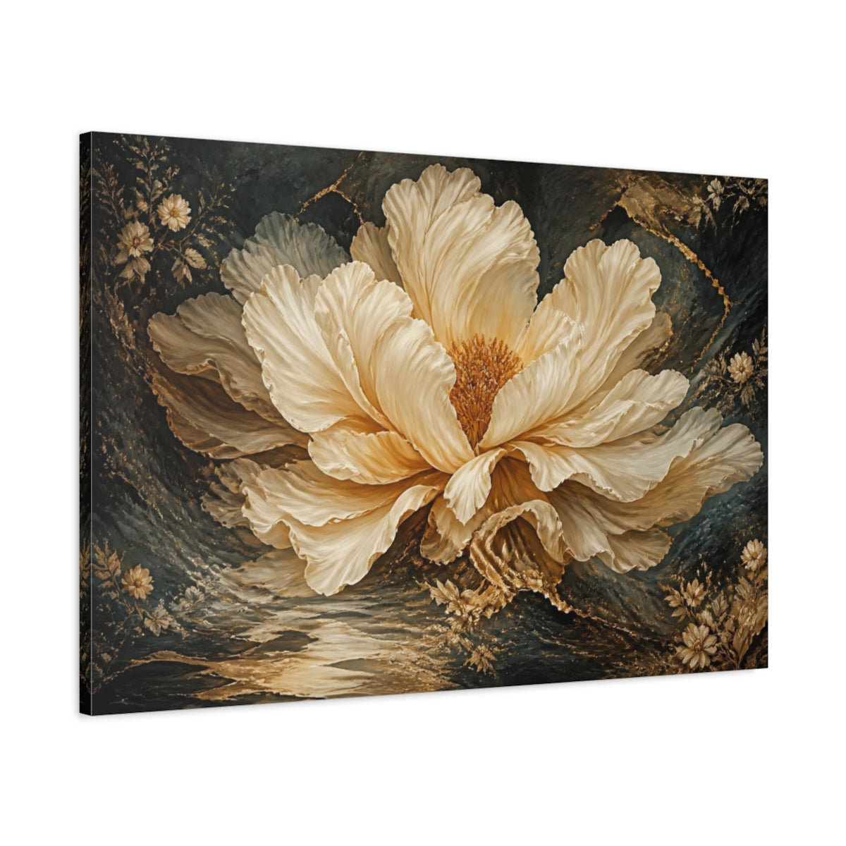 Main Mockup. Giant Cream Gold Bloom shown as canvas print