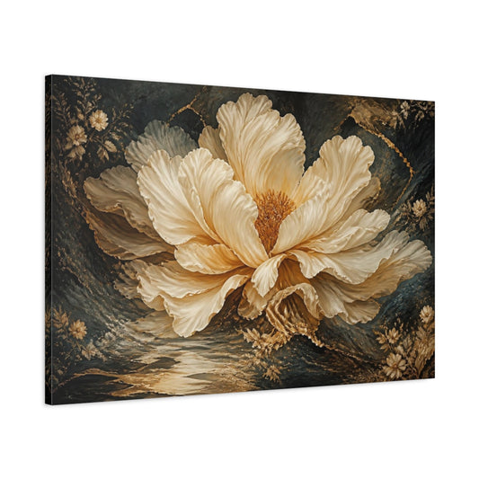 Main Mockup. Giant Cream Gold Bloom shown as canvas print