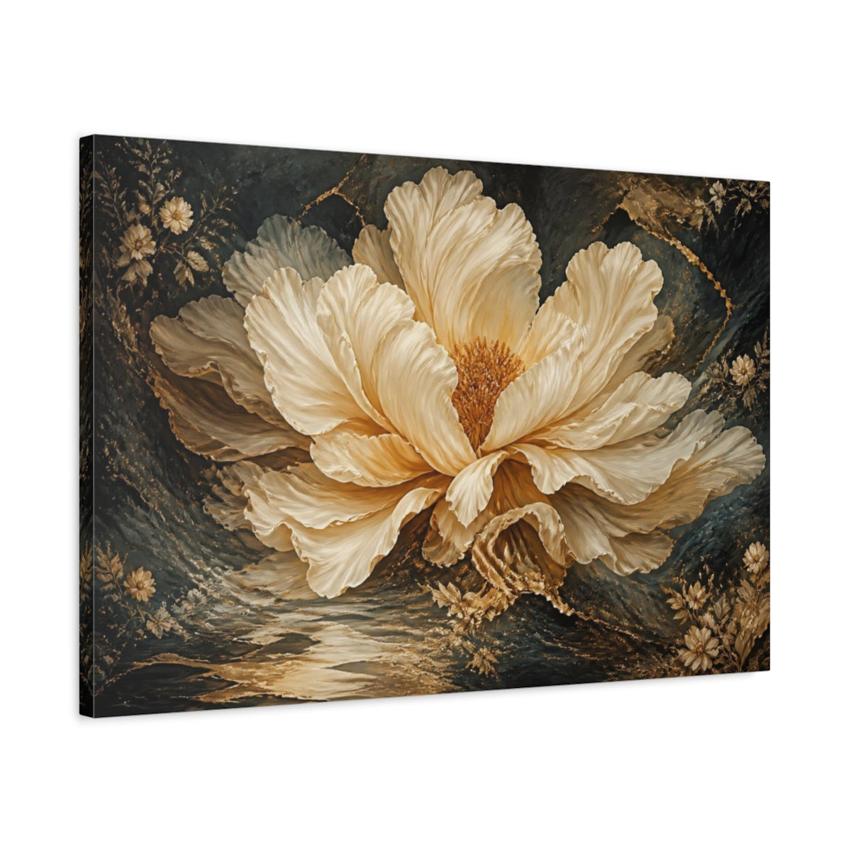 Side Mockup 2. Giant Cream Gold Bloom shown as canvas print
