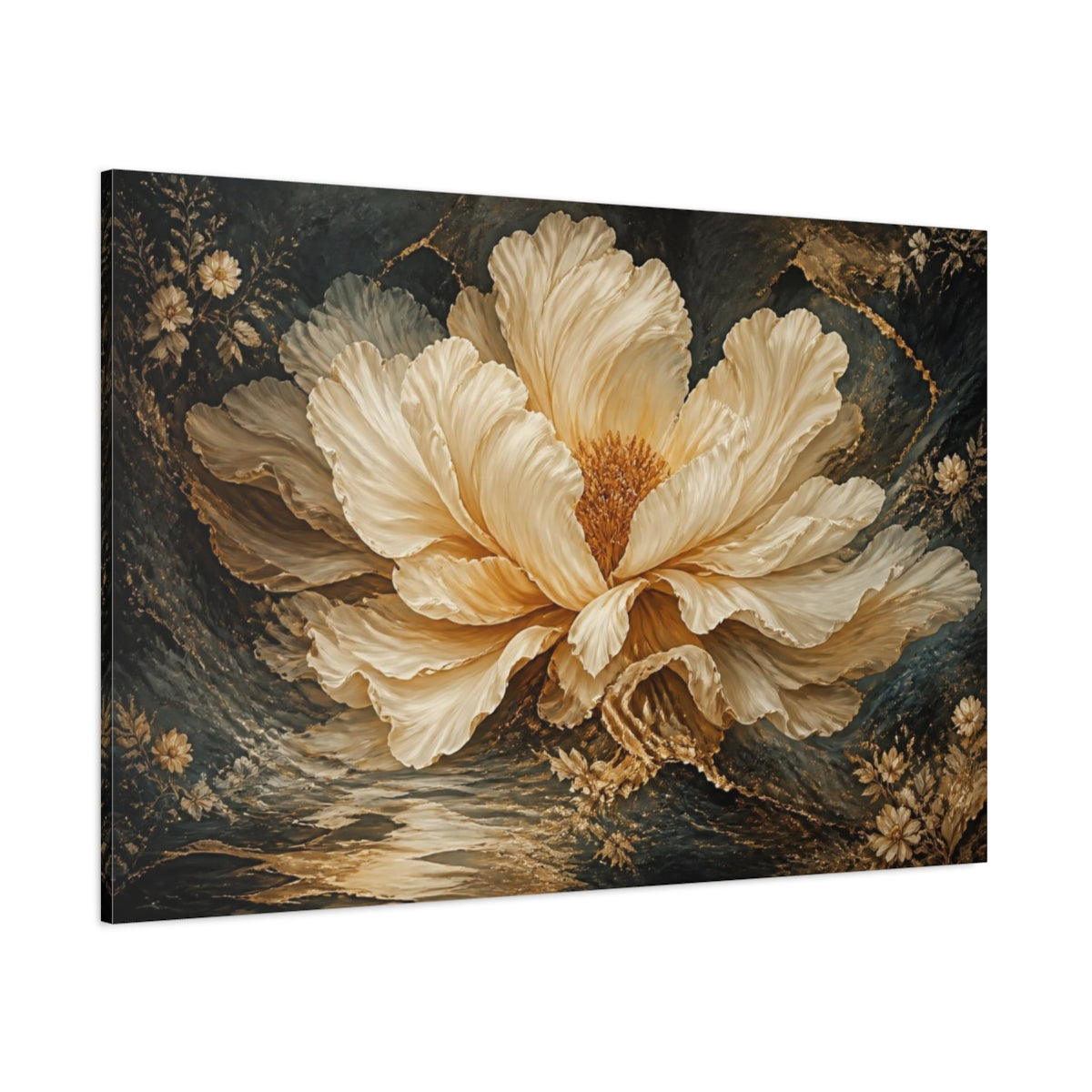Side Mockup 1. Giant Cream Gold Bloom shown as canvas print