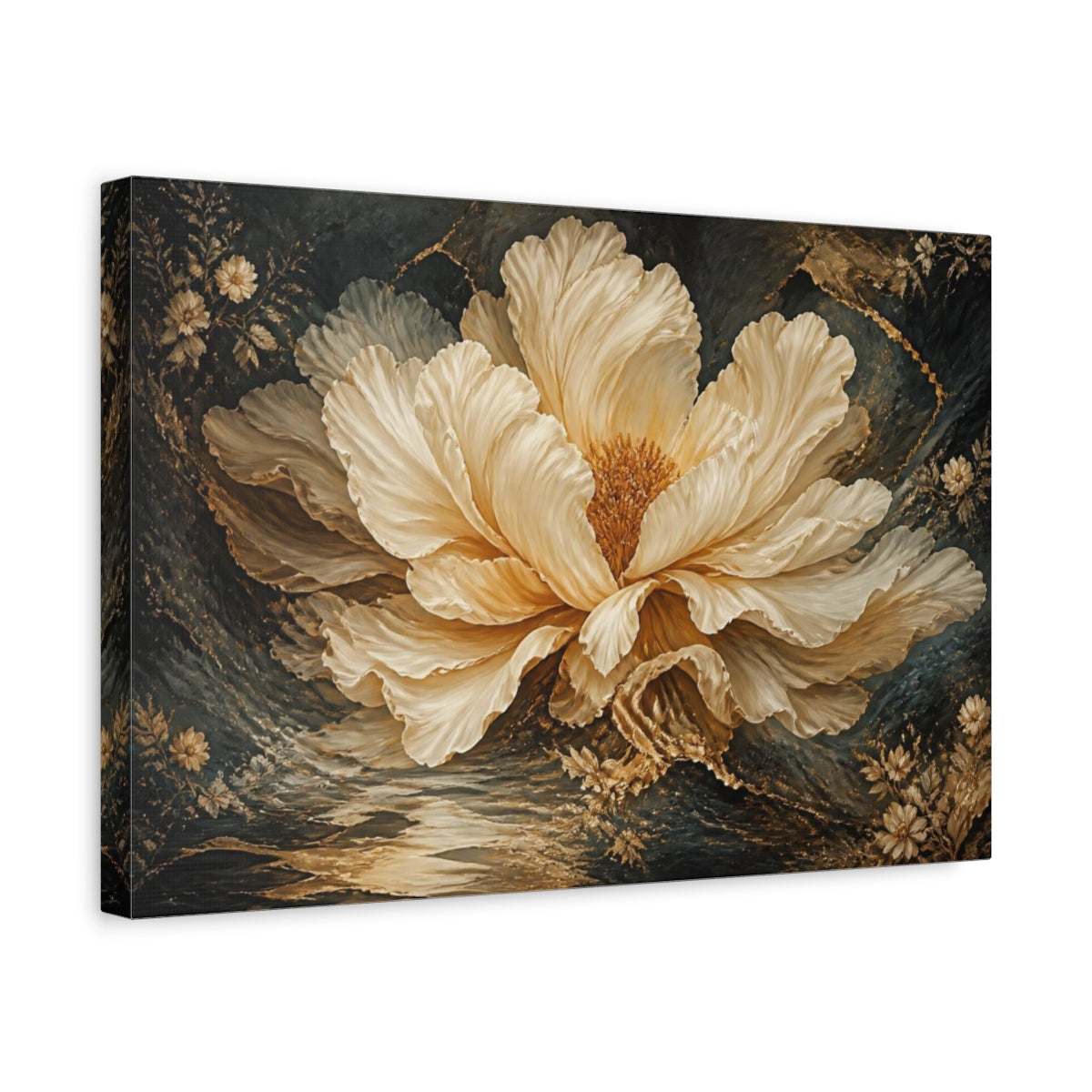 Side Mockup 4. Giant Cream Gold Bloom shown as canvas print
