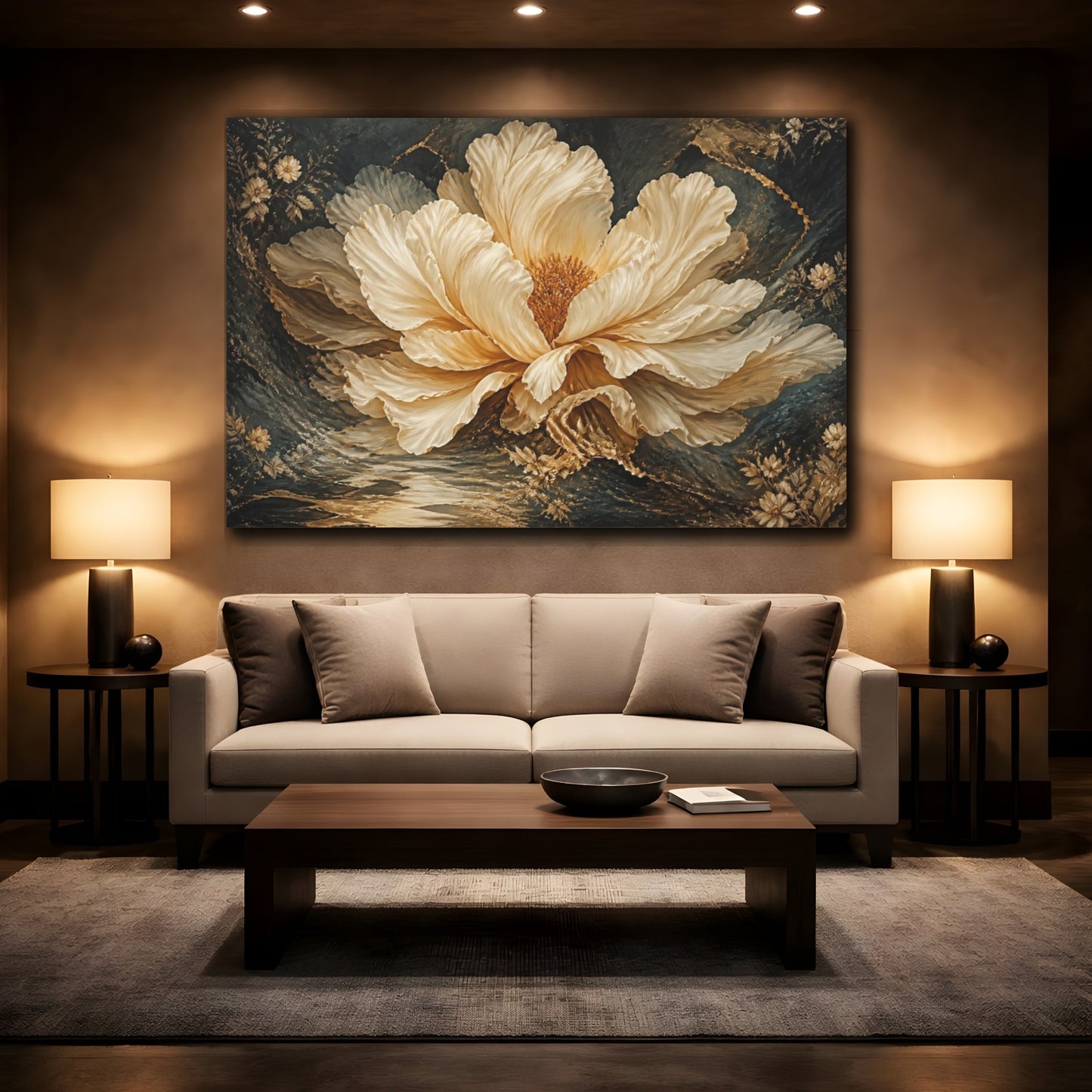 Mockup 2. Giant Cream Gold Bloom shown as canvas print