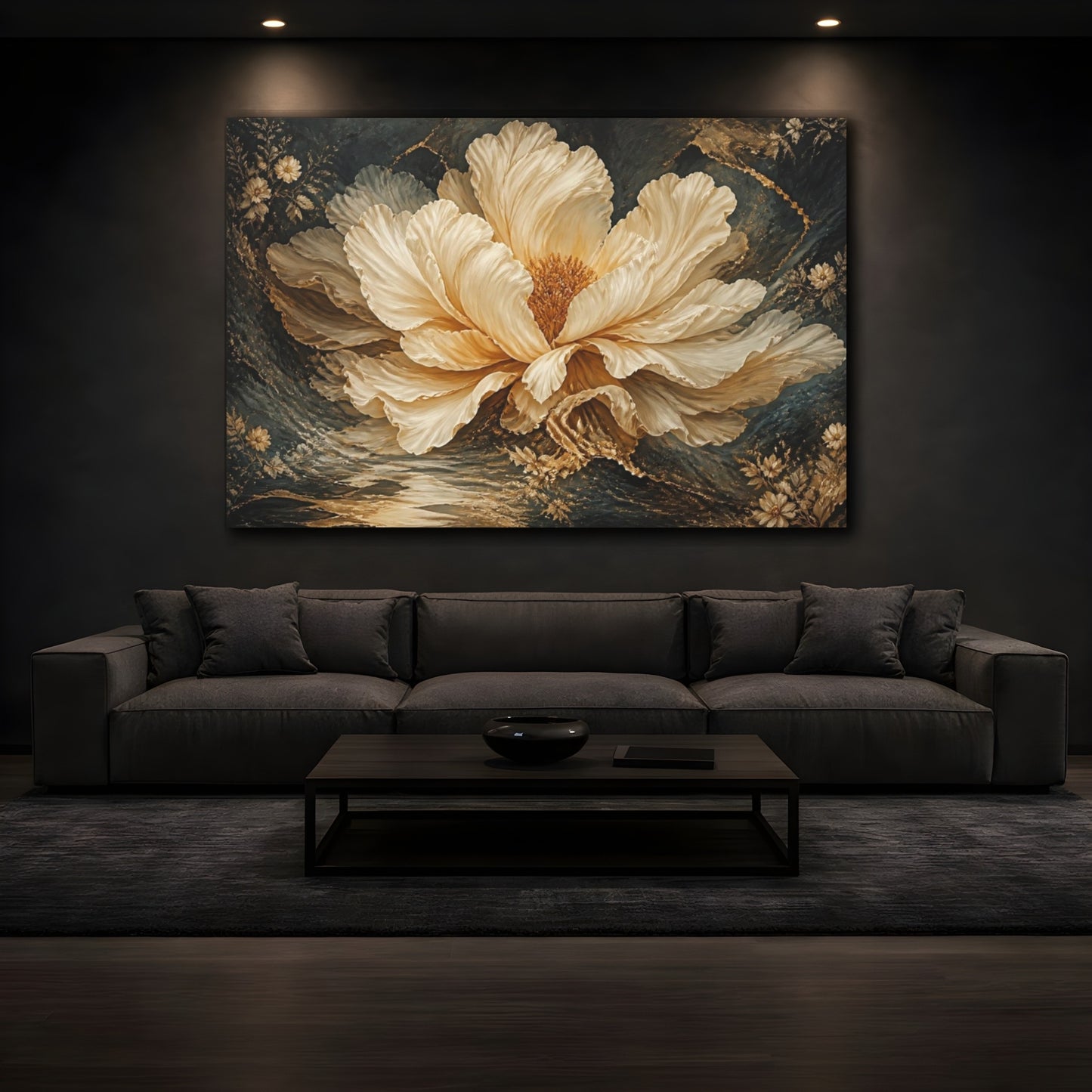 Mockup 3. Giant Cream Gold Bloom shown as canvas print