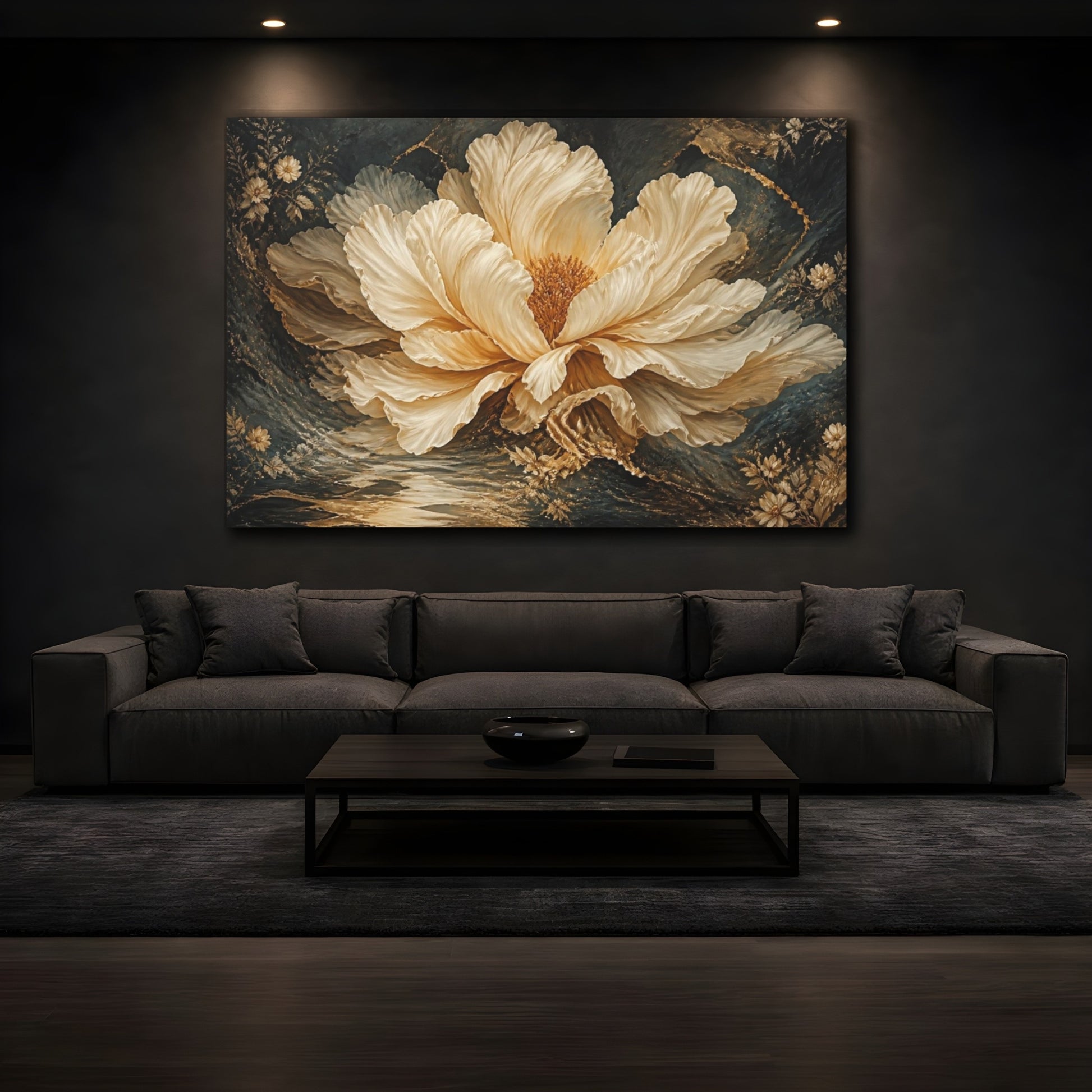 Mockup 3. Giant Cream Gold Bloom shown as canvas print