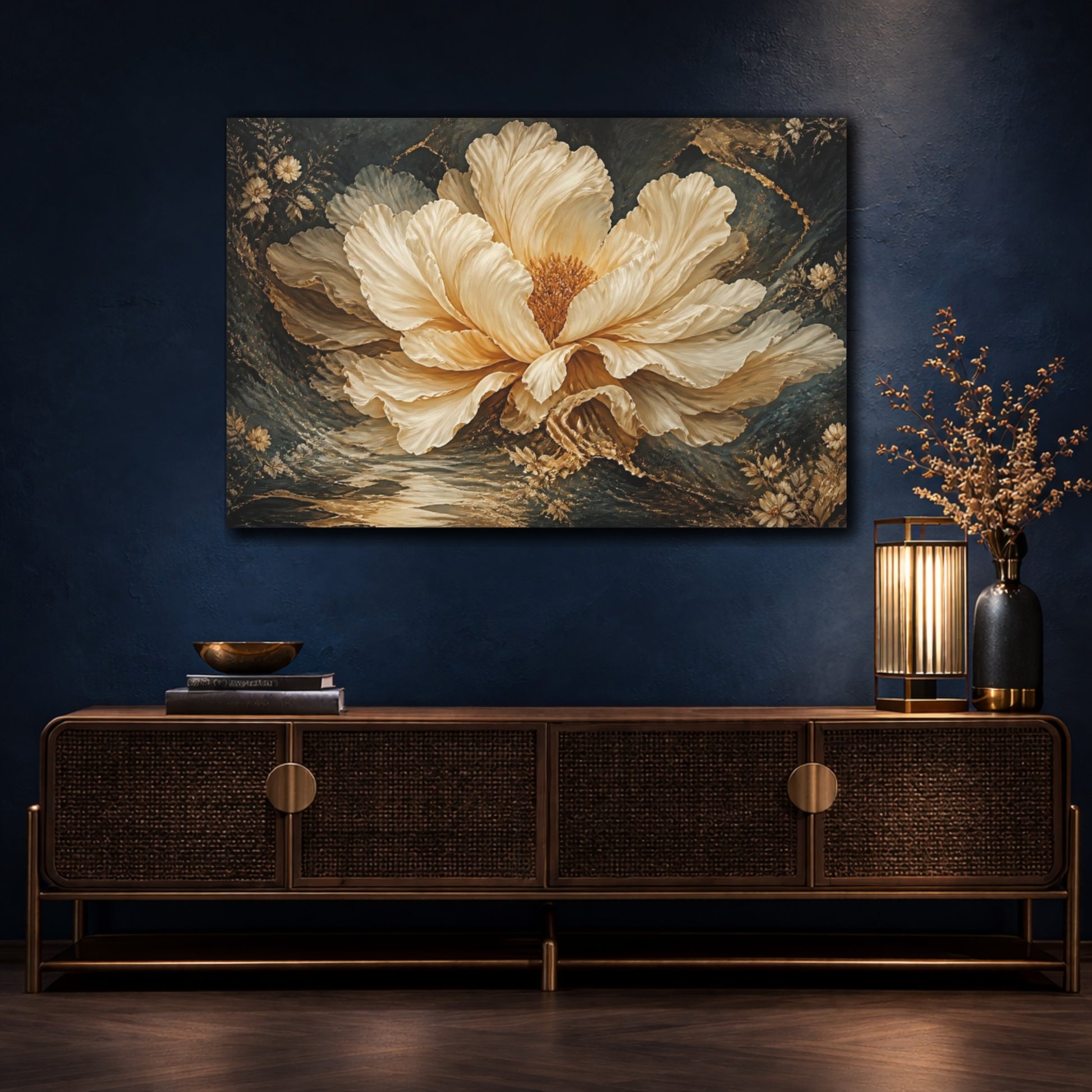 Mockup 4. Giant Cream Gold Bloom shown as canvas print