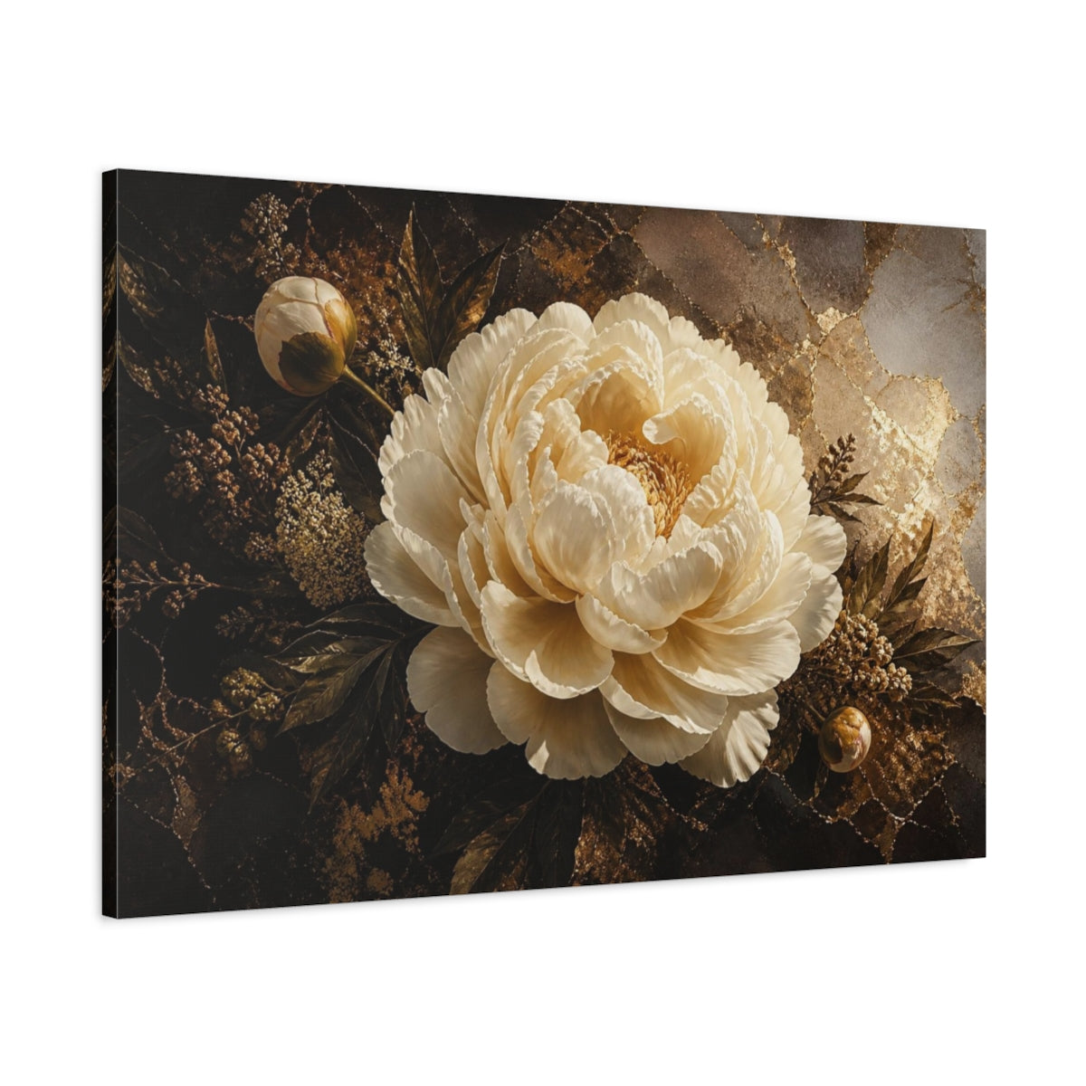 Main Mockup. Gigantic Ivory Peony shown as canvas print
