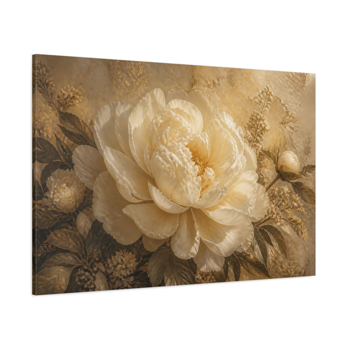 Side Mockup 1. Gigantic Ivory Peony shown as canvas print