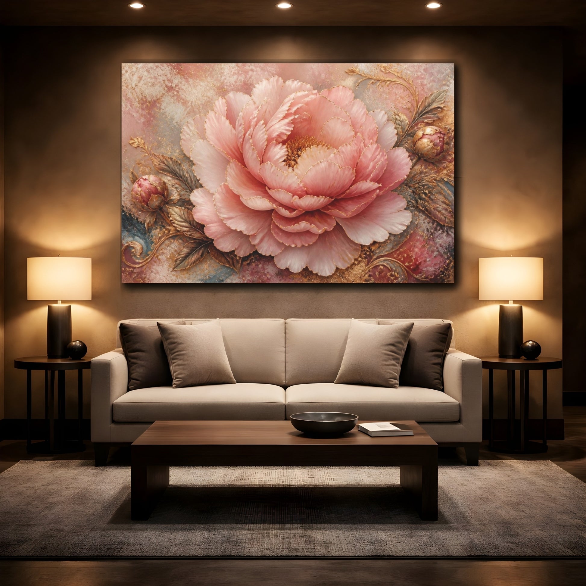 Mockup 2. Gilded Blush Peony shown as canvas print