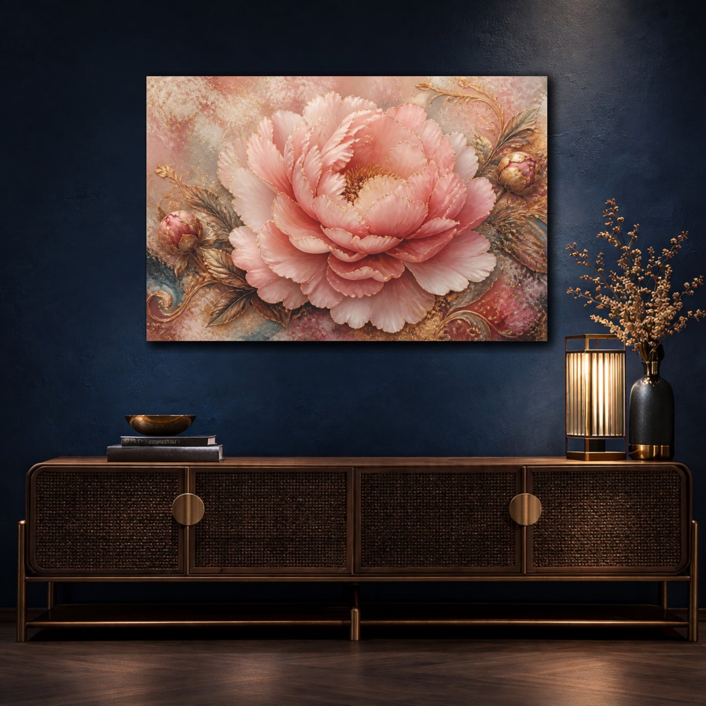 Mockup 4. Gilded Blush Peony shown as canvas print