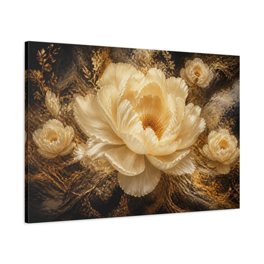 Main Mockup. Gilded Cream Peony shown as canvas print