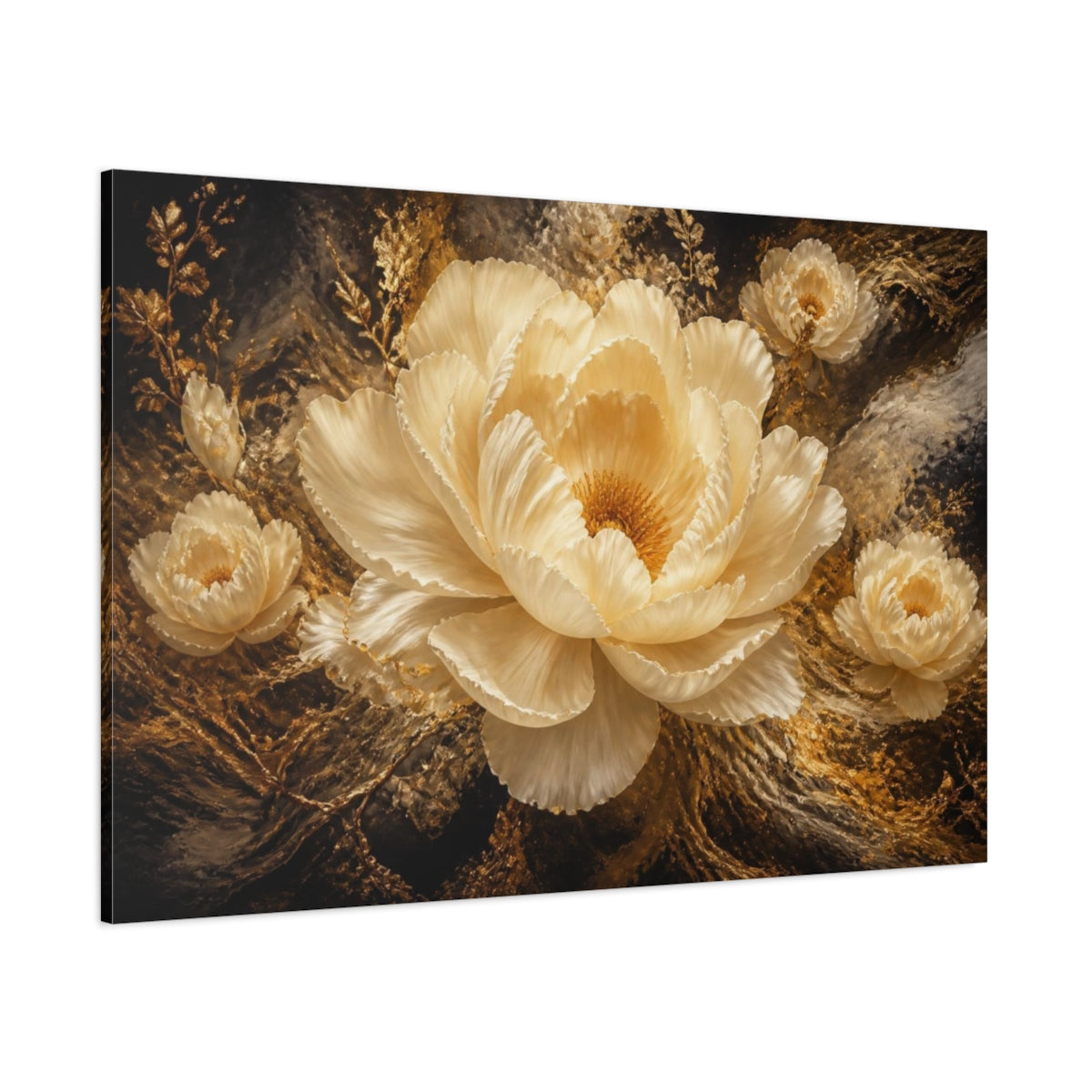 Side Mockup 1. Gilded Cream Peony shown as canvas print