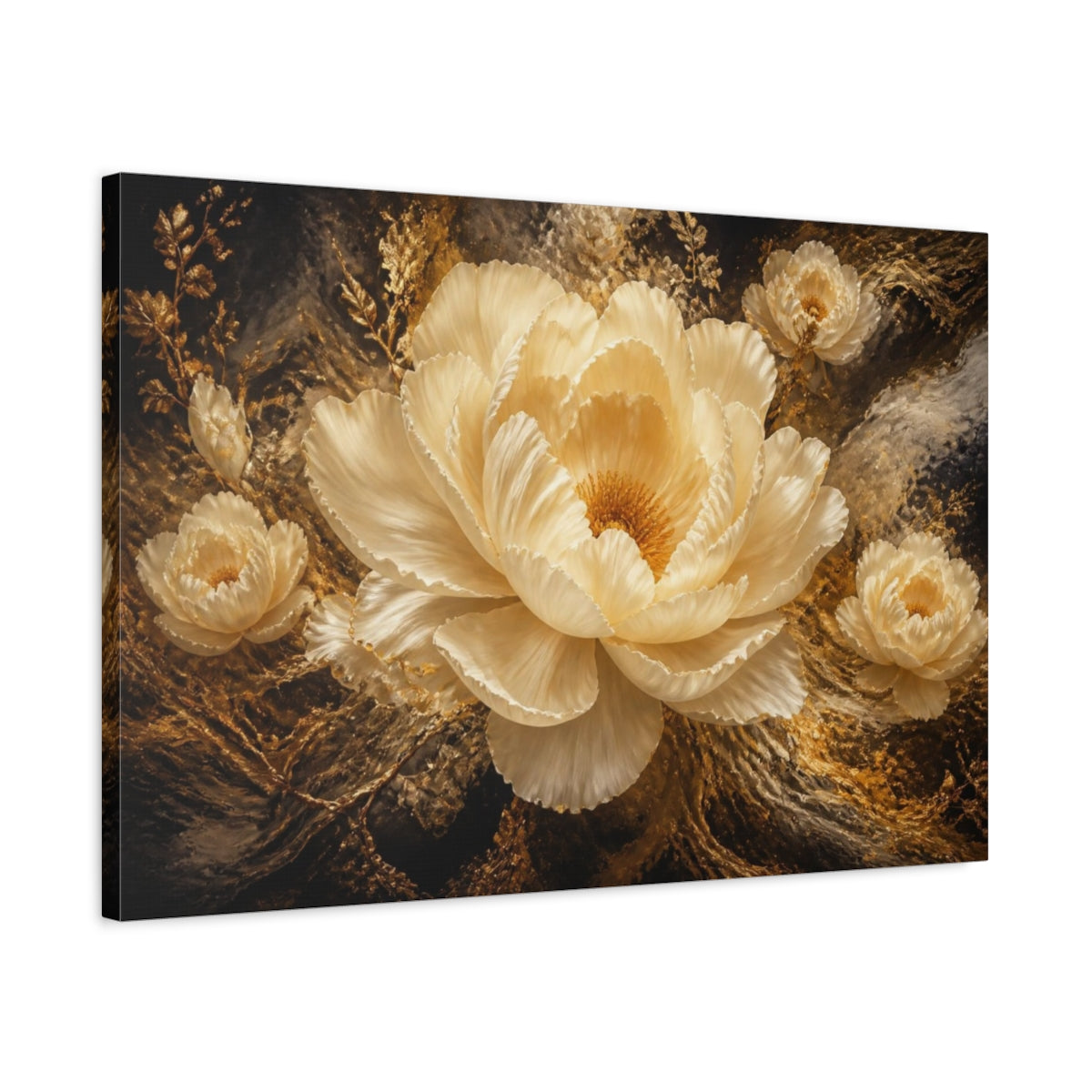 Side Mockup 2. Gilded Cream Peony shown as canvas print