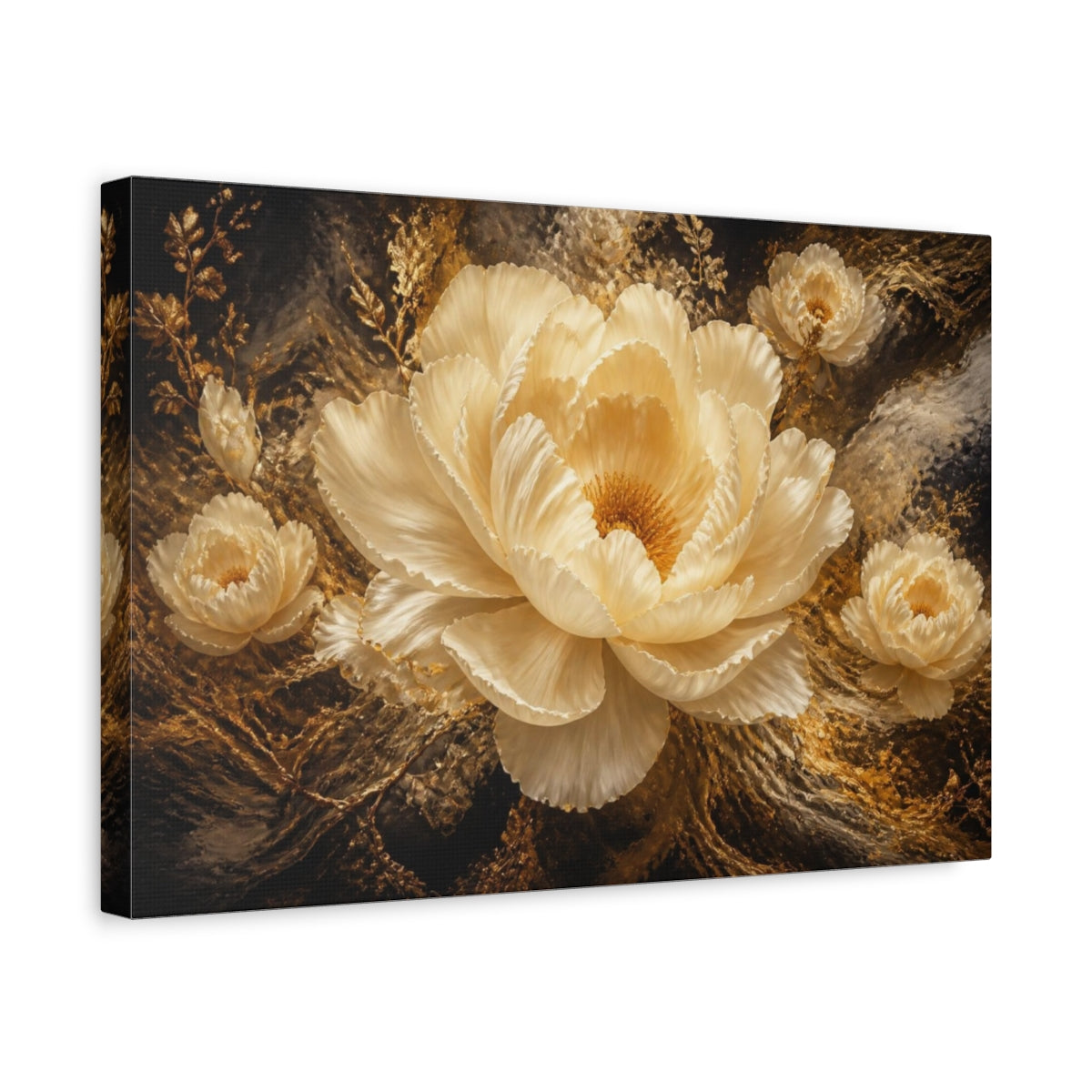 Side Mockup 4. Gilded Cream Peony shown as canvas print
