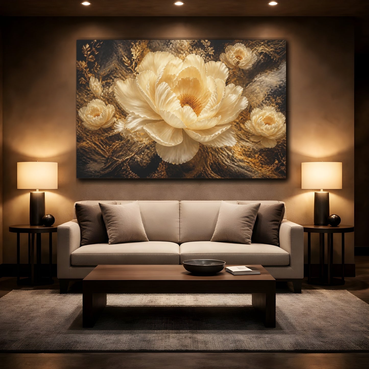 Mockup 2. Gilded Cream Peony shown as canvas print