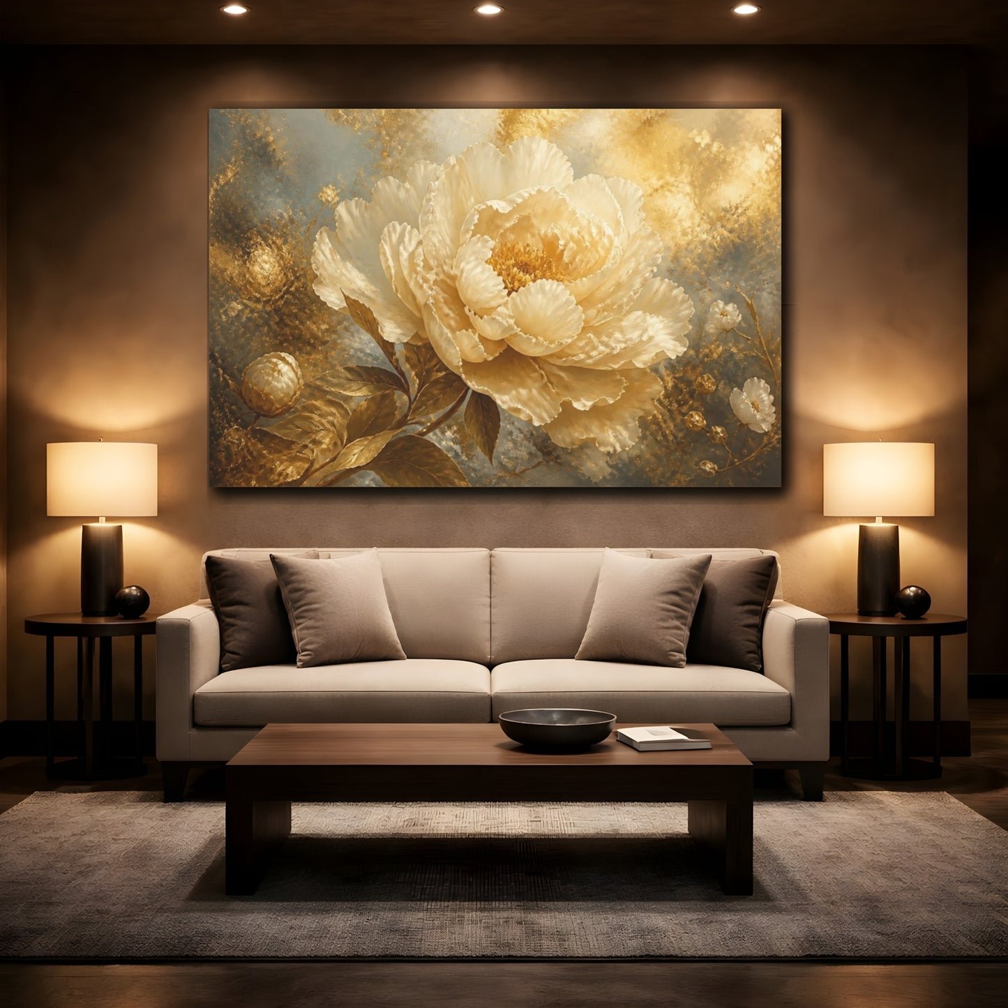 Mockup 2. Gilded Cream Peony shown as canvas print