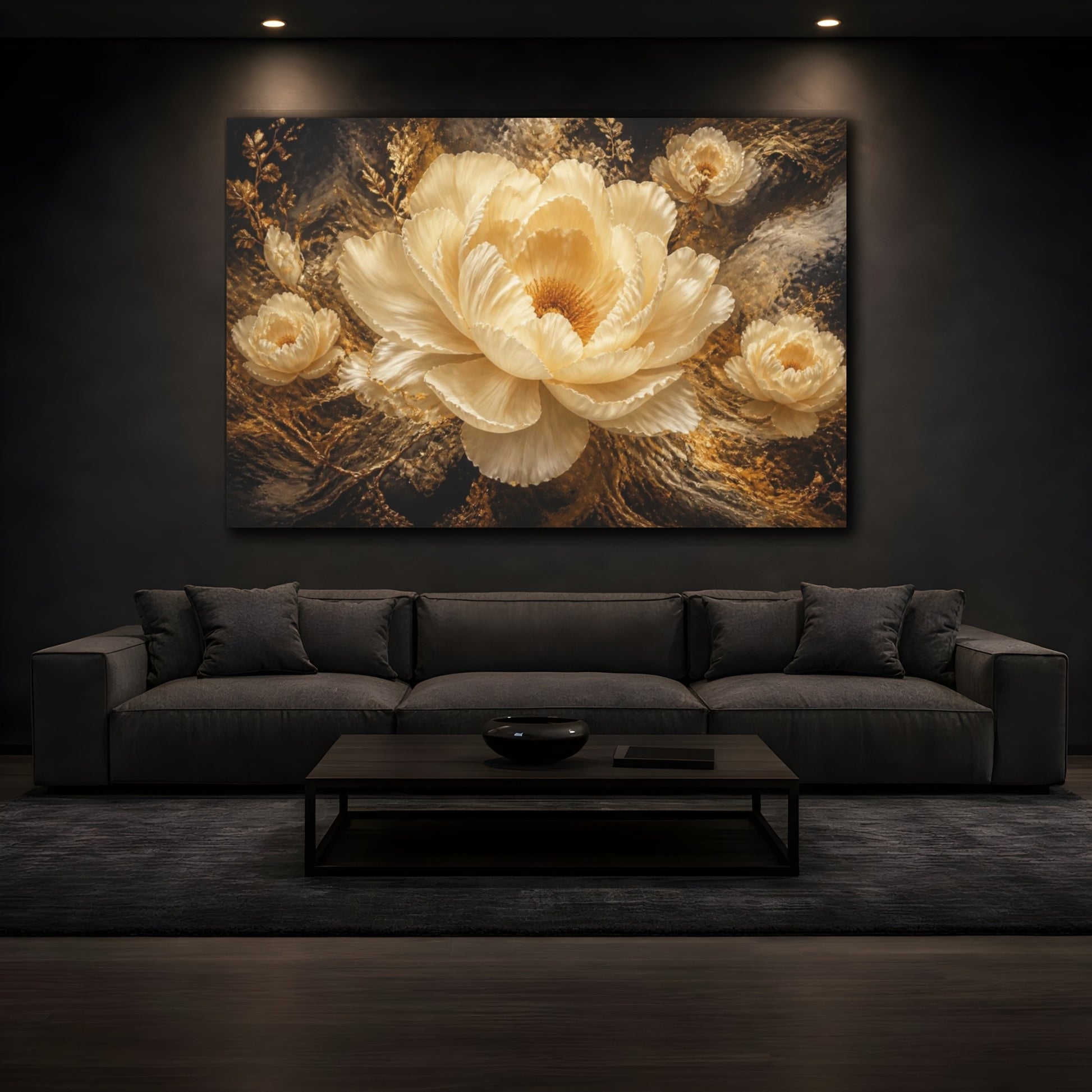 Mockup 3. Gilded Cream Peony shown as canvas print